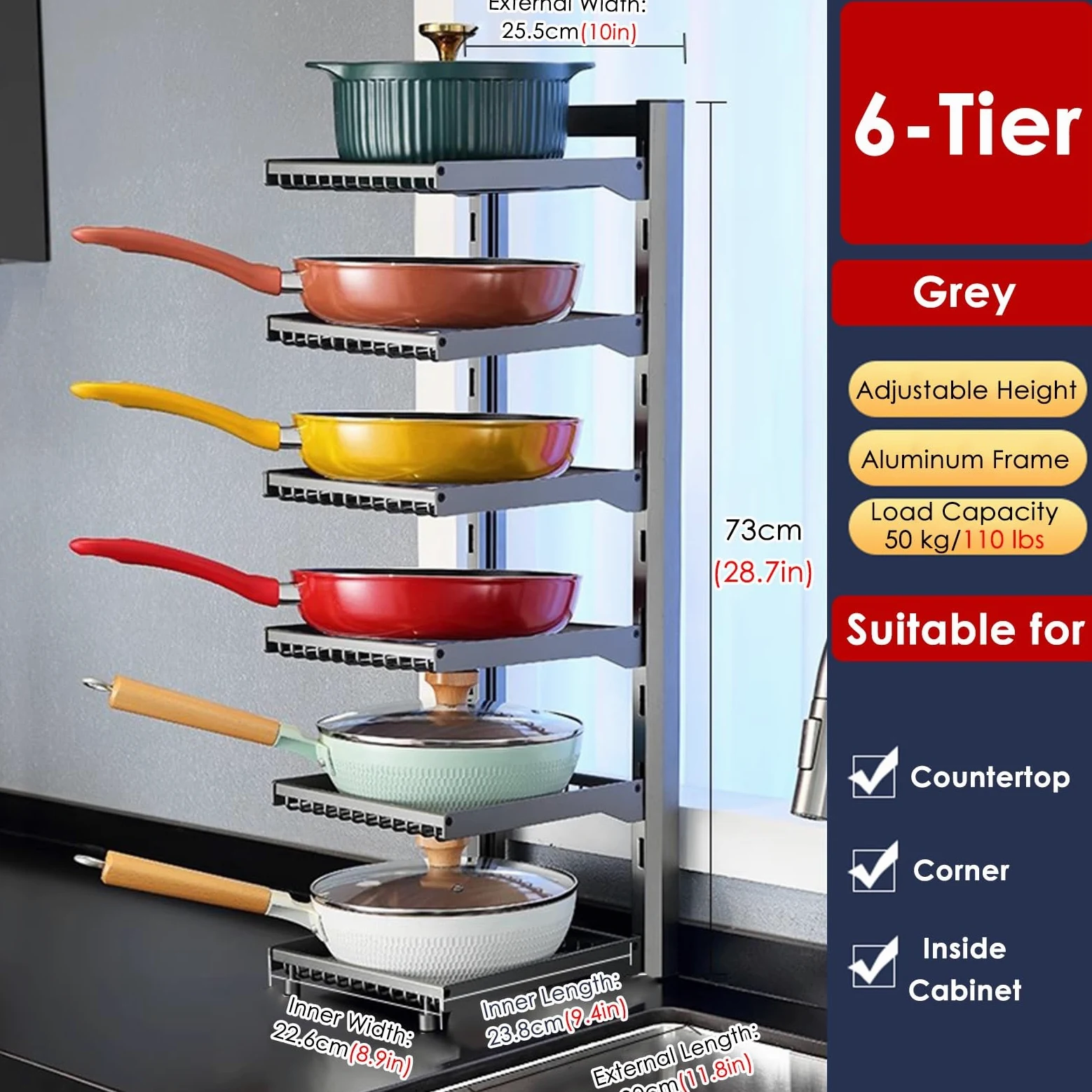 Organizador de ollas y sartenes de alta resistencia, ajustable de 3 a 6 niveles, vertical para debajo del gabinete, estante desmontable con patas antideslizantes y 6 divisores (gris)