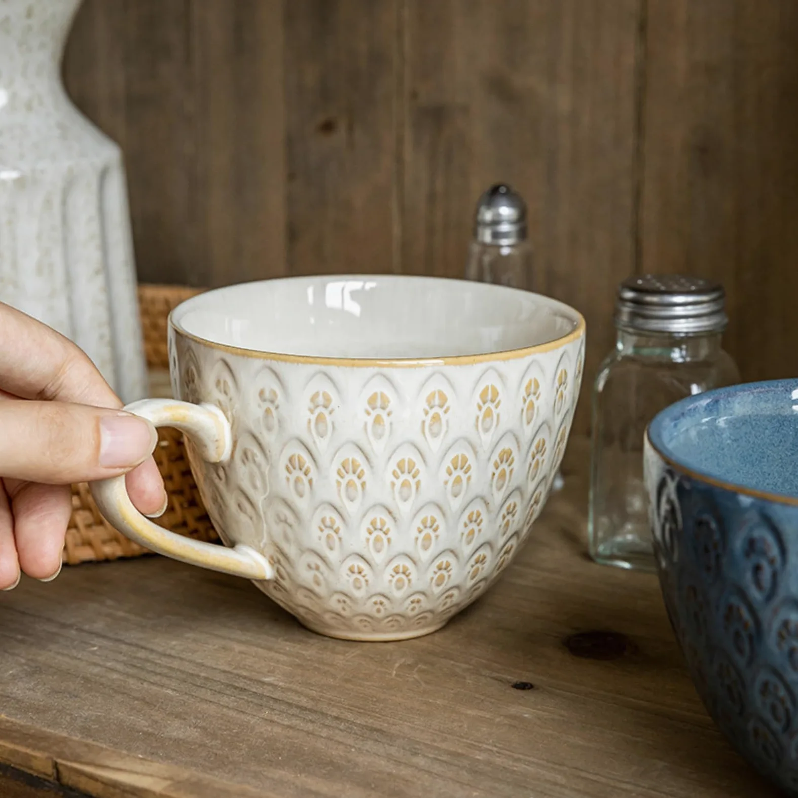 Taza de desayuno a cuadros de 500 ml con esmalte de horno de avena retro de cerámica, 500 ml