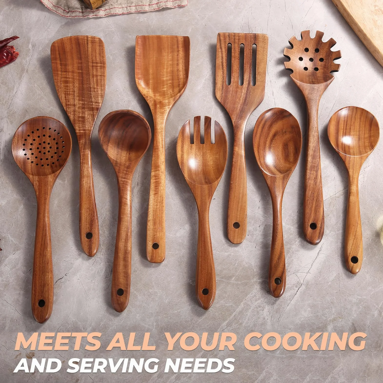 AIUHI Juego de utensilios de cocina de madera de teca, 9 cucharas de madera para cocinar, espátulas de madera para cocinar, antiadherentes, duraderas y resistentes al calor