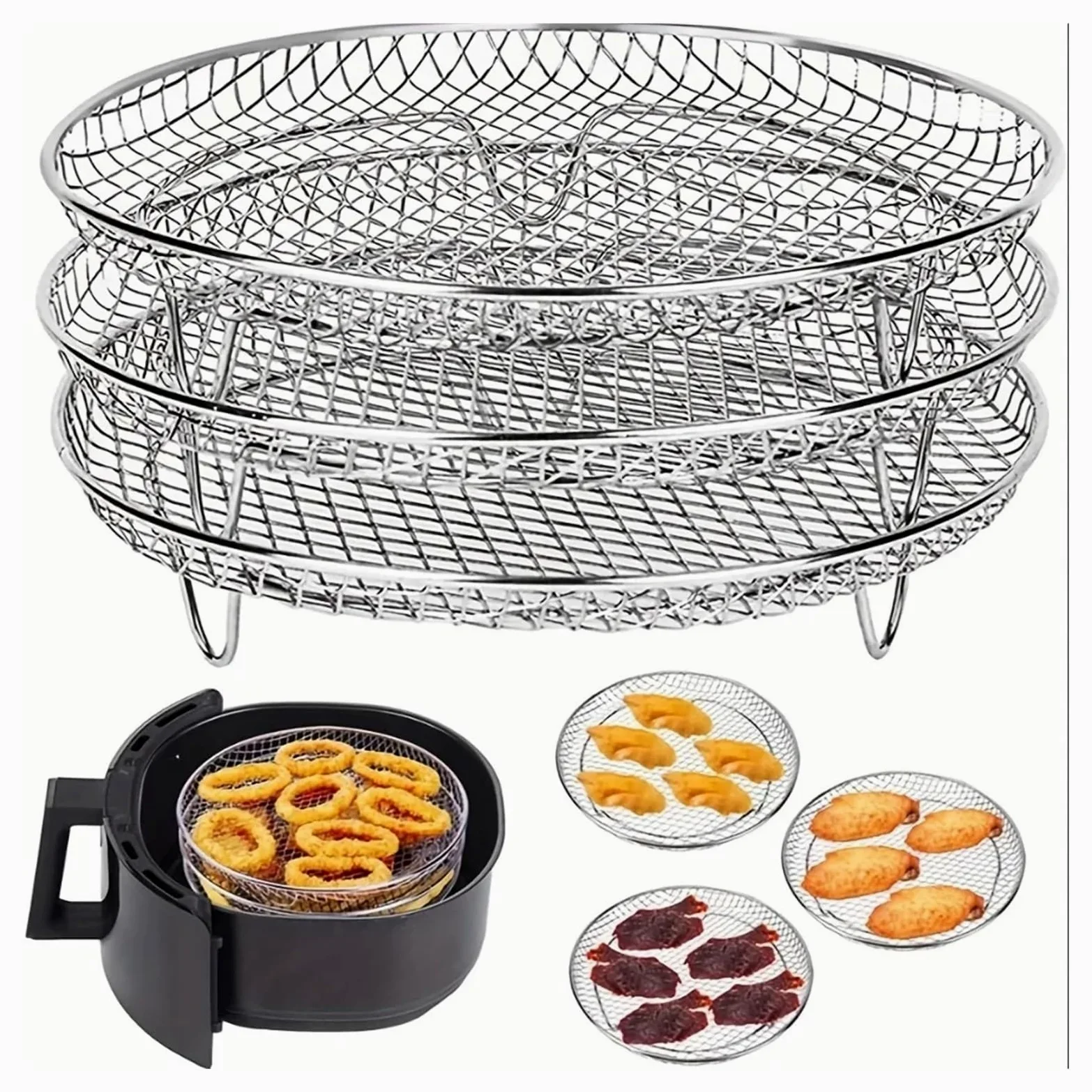 Genérico Juego de Rejilla for freidora de Aire de 3 Piezas for Cocina | Acero inoxidable, apilable, vaporizado y secado.