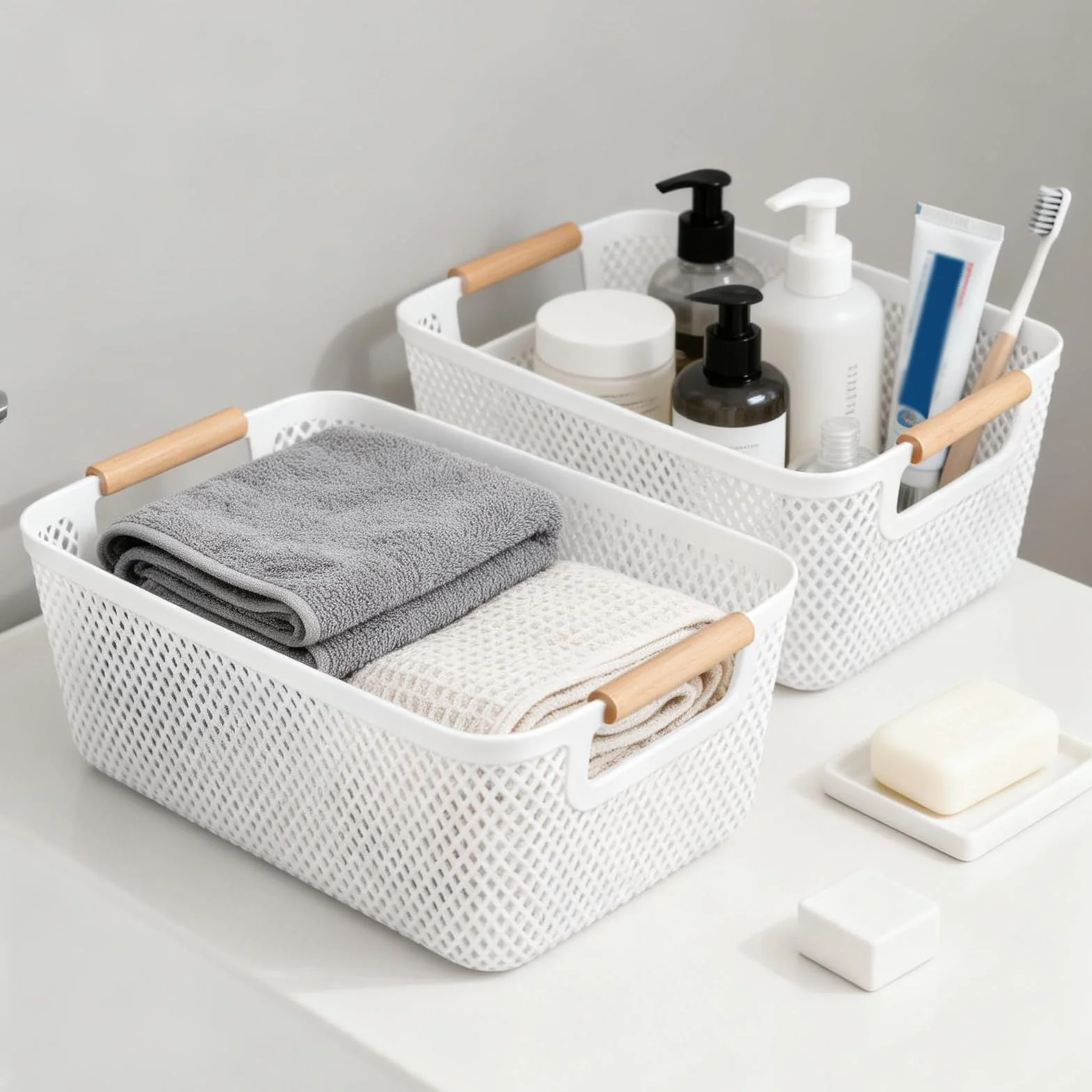 8 cajas de almacenamiento blancas sin tapa de plástico, con asas de madera maciza y laterales ventilados, organizadores para baño, cocina, hogar y lavandería