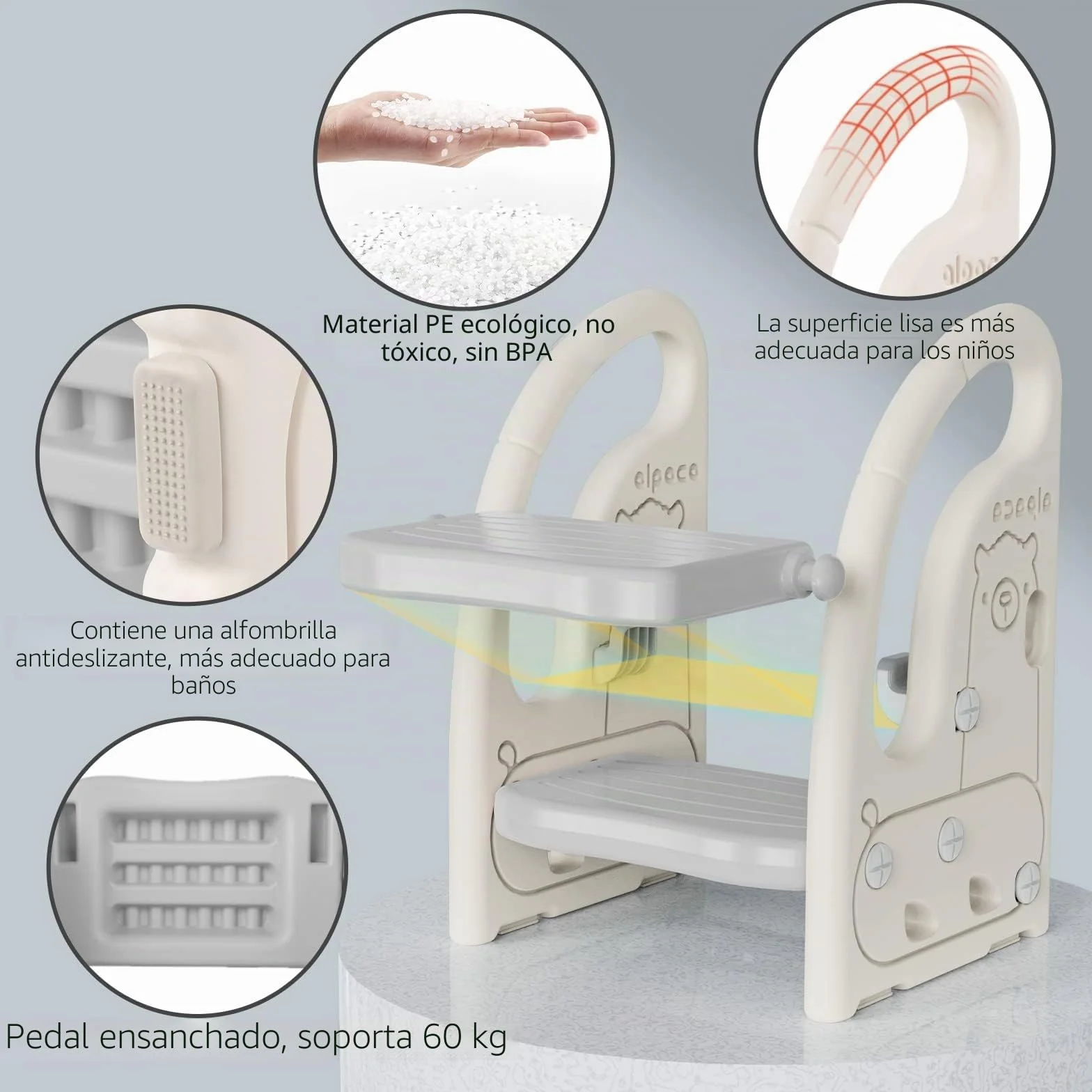 Onasti Taburete de 2 Pasos para Bebé y Niños Pequeños, Altura Ajustable, Antideslizante, Gris