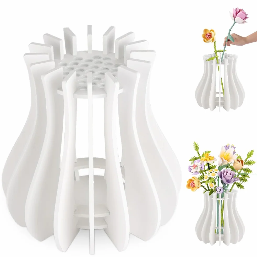 Jarrón Puzzle De Madera,Jarrón de Madera para Lego Flores,Kit de jarrón de Madera para Rosas Lego para Lego Rosas,Cerezo,Girasoles,Tulipanes,para Decoración Escritorio,Blanco