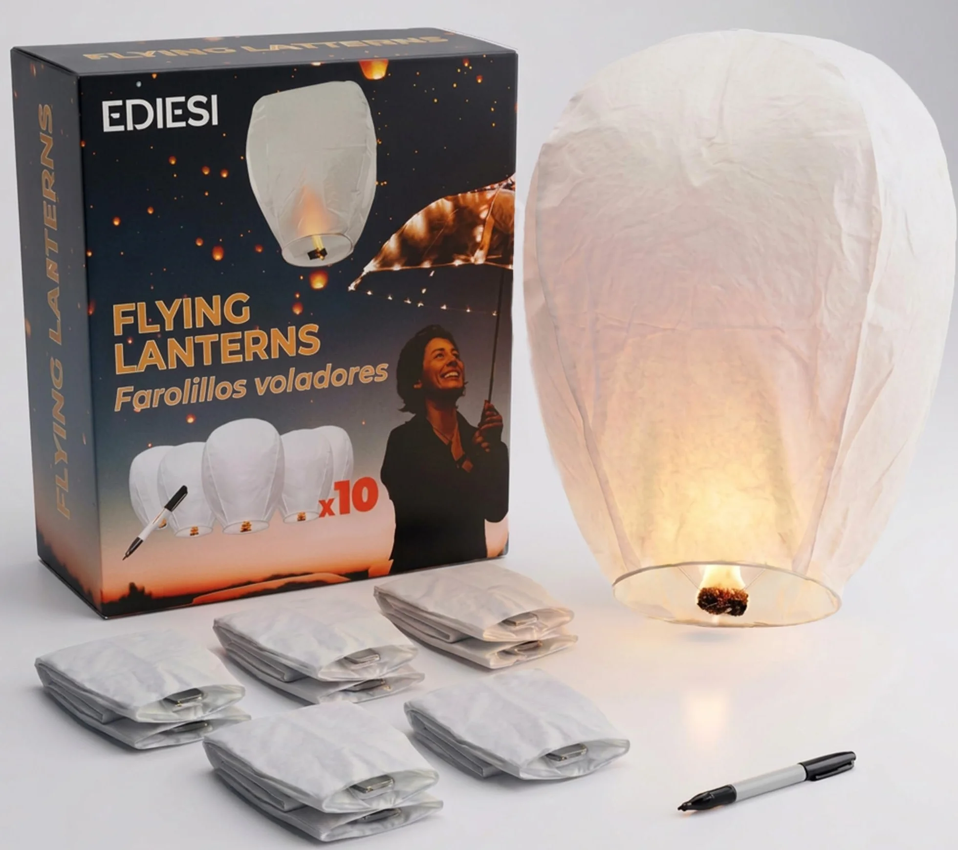 Ediesi, Farolillos Voladores de Papel, 10 Unidades, 100% Biodegradables, Velas Voladoras, Farol Volador, Sky Lanterns, con Rotulador para Escribir Deseos