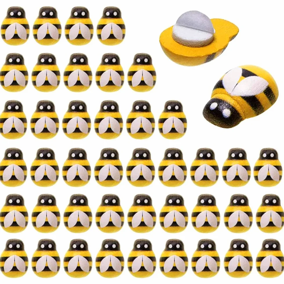 200 piezas de abejas pequeñas de madera, autoadhesivas, pintadas, parte trasera plana, bloque de abejorro, decoración de álbumes de recortes, decoración y manualidades