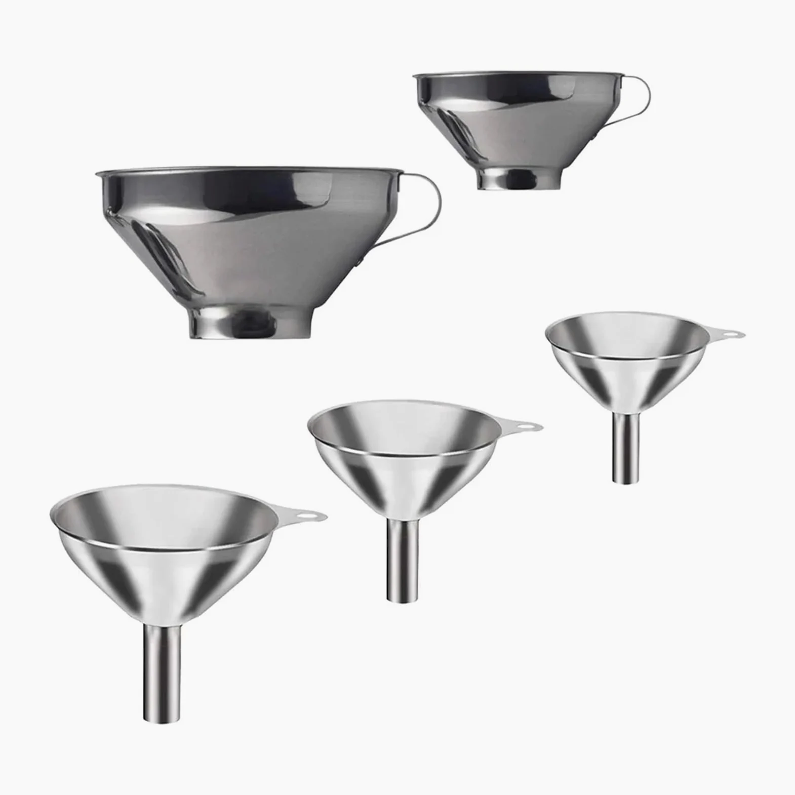 Embudo de acero inoxidable Paquete de 5 embudos de acero inoxidable plateados de varios tamaños, accesorios de cocina