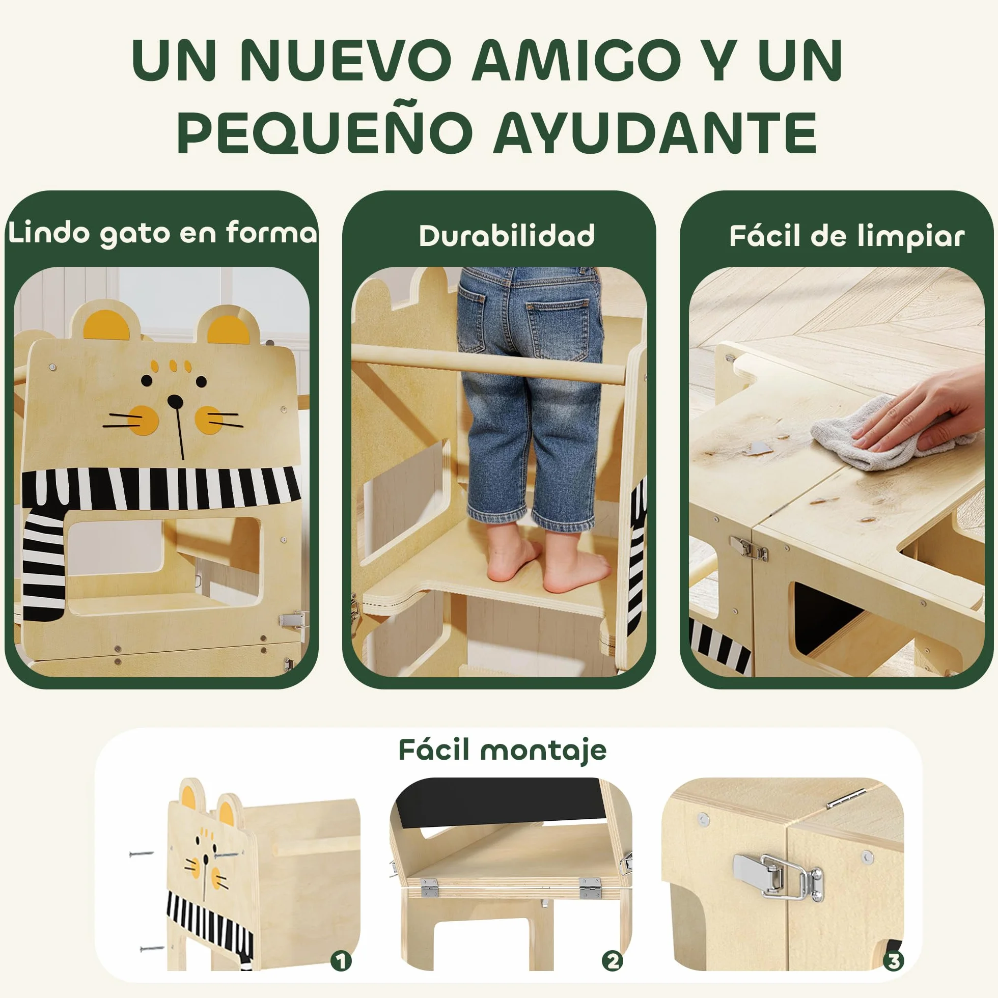 AIYAPLAY Torre de Aprendizaje 3 en 1 Plegable, Convertible en Escritorio y Silla, para Niños 2-5 Años, Natural