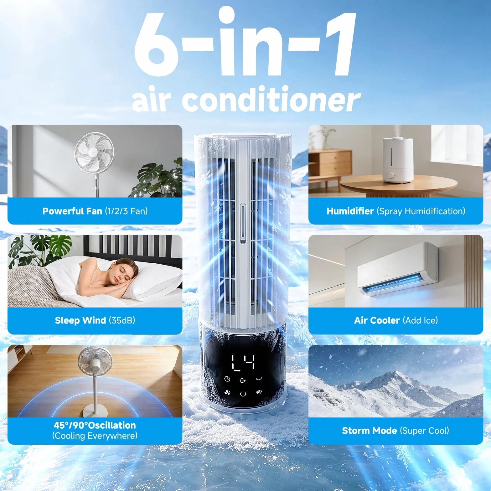 Aire acondicionado portátil 6en1, ventilador 3 velocidades Modo Tormenta, Viento del sueño, Función de niebla y temporizador, Oscilación de 45°/90° perfecto para familia, oficina (Blanco perla)