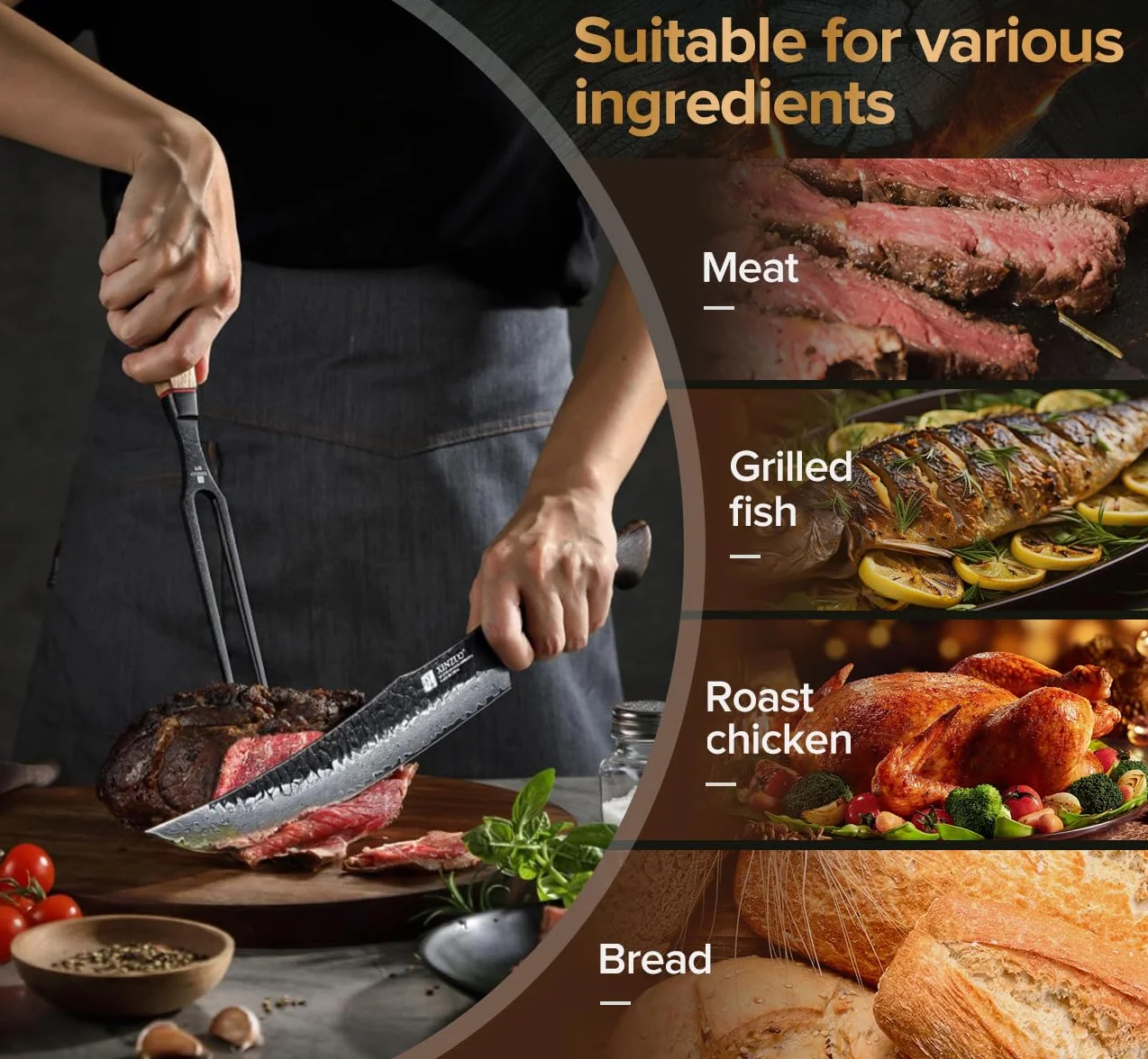 XINZUO 31,5cm Tenedor de Trinchar de Carne Acero Inoxidable 430 -Profesional Tenedor de Barbacoa Chef de Cocina -Mango Ergonómico de Roble Blanco -con Caja de Regalo
