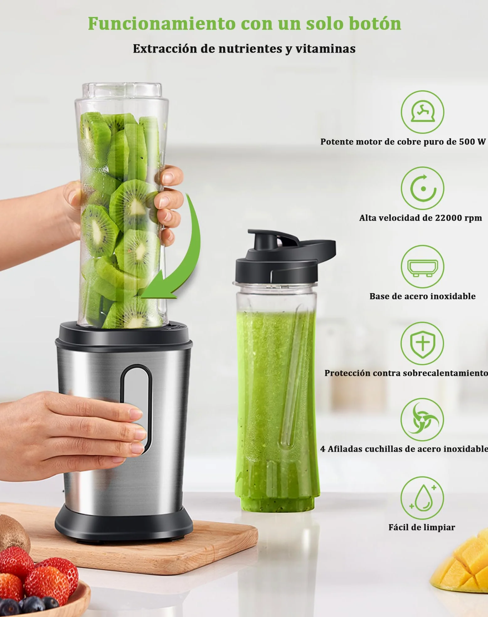 Batidora de Vaso, 500W Mini Portatil Batidora de Vaso Smoothies Individual con 2 Botellas de 600 ml de Plástico Tritan, Licuadora para Zumos, Batidos, Verduras, Frutas
