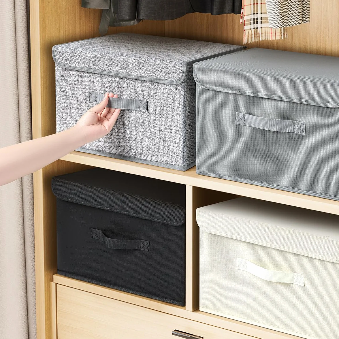 DIMJ 4 Piezas Cajas Organizadoras con Tapa Cajas de Almacenamiento Plegables Fabricadas en Tela con Asas Ideal Para Guardar Ropa, Zapatos, Ideal Para Guardar Juguetes, Ropa Y Cachivaches, Negro