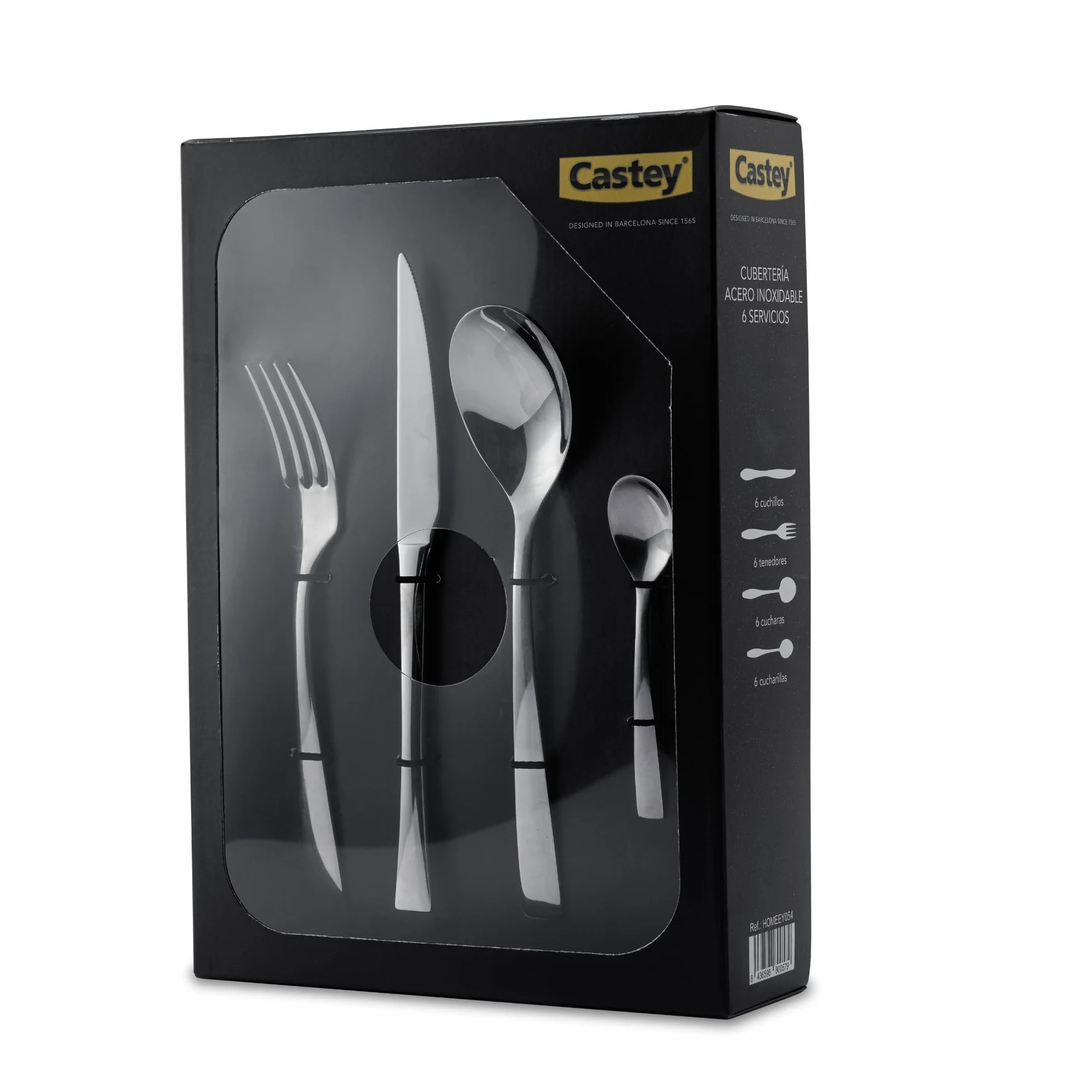CASTEY - Cubertería Helsinki 24 Piezas, Acero Inoxidable, Diseño Escandinavo Minimalista, Acabado Pulido, Incluye 6 Tenedores, 6 Cuchillos Chuleteros, 6 Cucharas y 6 Cucharillas de Postre