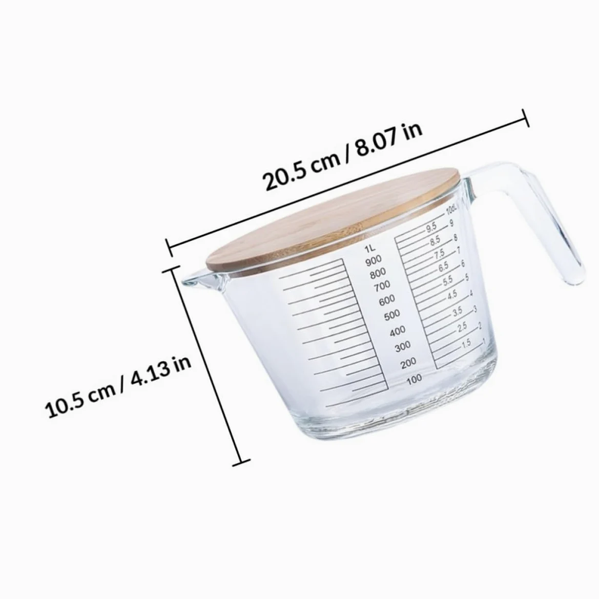 OSALADI Jarra Medidora Material Vidrio y Madera Fácil de Limpiar de Vidrio Resistente al Calor con Escala Adecuado para Medir Jugos y Líquidos en Cocina