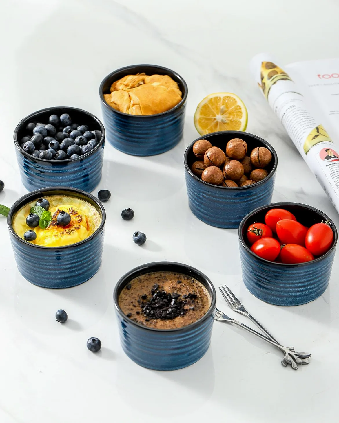 glowworm Ramequines de 8 onzas para soufflé de crema brulee, tazas de porcelana para hornear, cuencos de ramequines de estilo moderno aptos para horno, juego de 6, azul