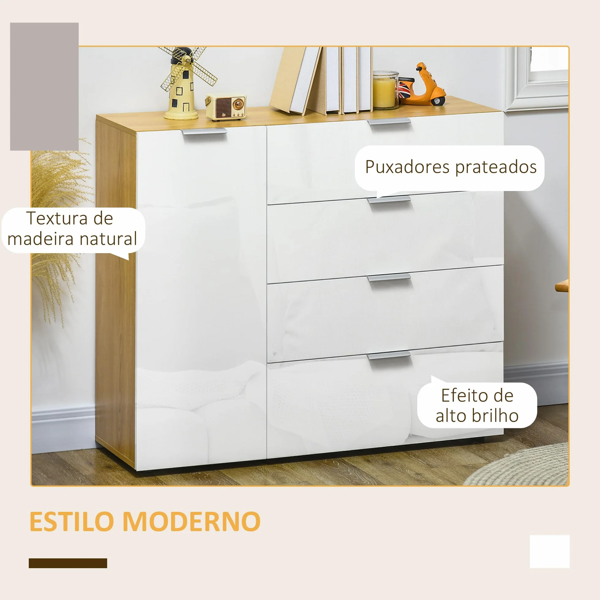 HOMCOM Cómoda de Dormitorio Aparador de Salón con 4 Cajones de de Alto Brillo Puerta y Estantes Ajustables para Comedor 105x35x92 cm Blanco y Natural