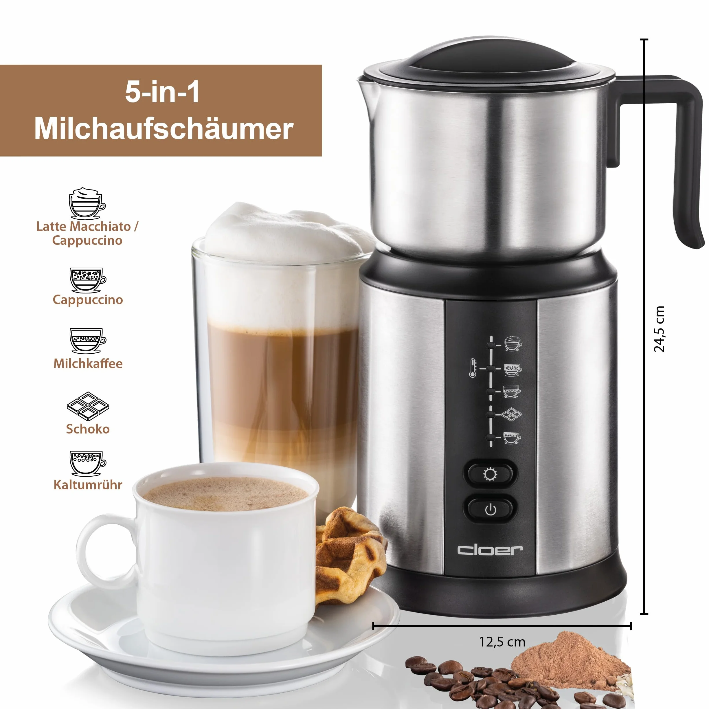 Cloer 7789 Espumador de leche de inducción XL800, espuma de leche 600 ml, chocolate caliente 500 ml, recipiente de 800 ml, control electrónico, 500W, bobina espumante magnetica