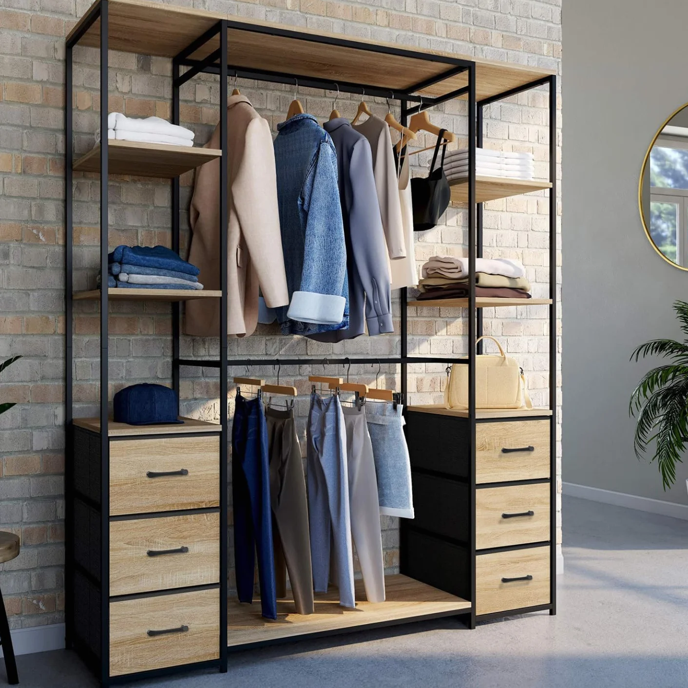 IDMarket - Vestidor doble armario + doble columna L. Utah 140 cm con 6 estantes y 6 bandejas de tela de madera y negro
