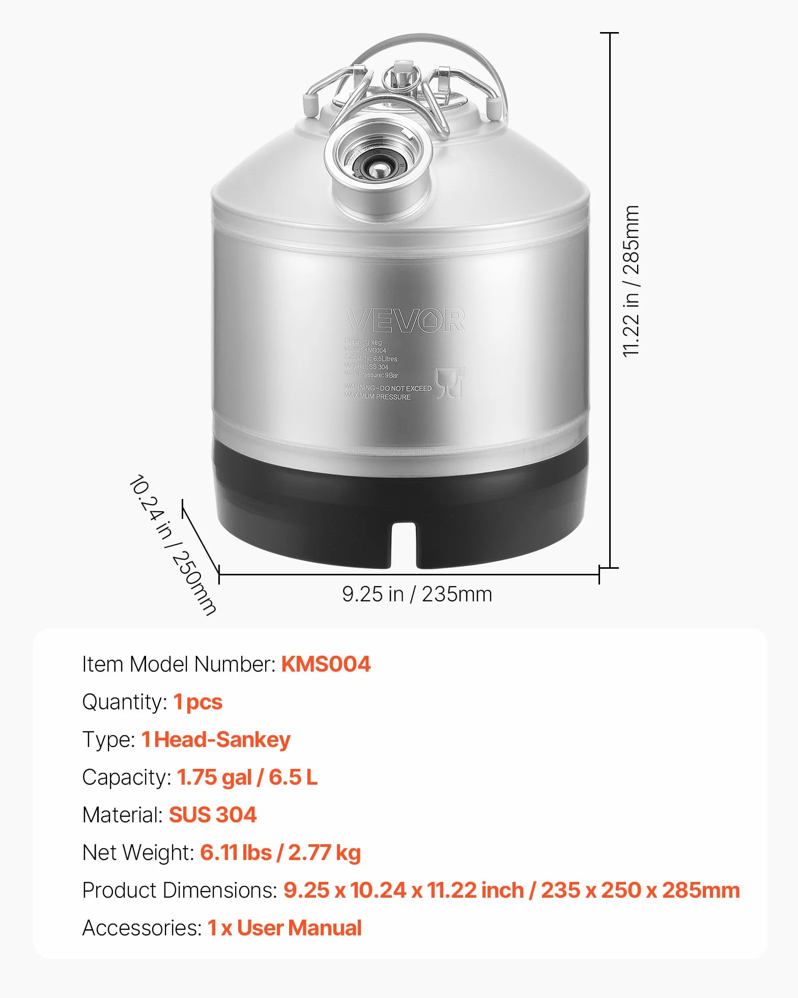 VEVOR Kit de Limpieza para Barriles de Cerveza de 6,5 L, de Acero Inoxidable 304, con Anilla en D y Base de Goma, Apto para Cerveceros Caseros y Pequeños Negocios de Bebidas, 235 x 250 x 285 mm