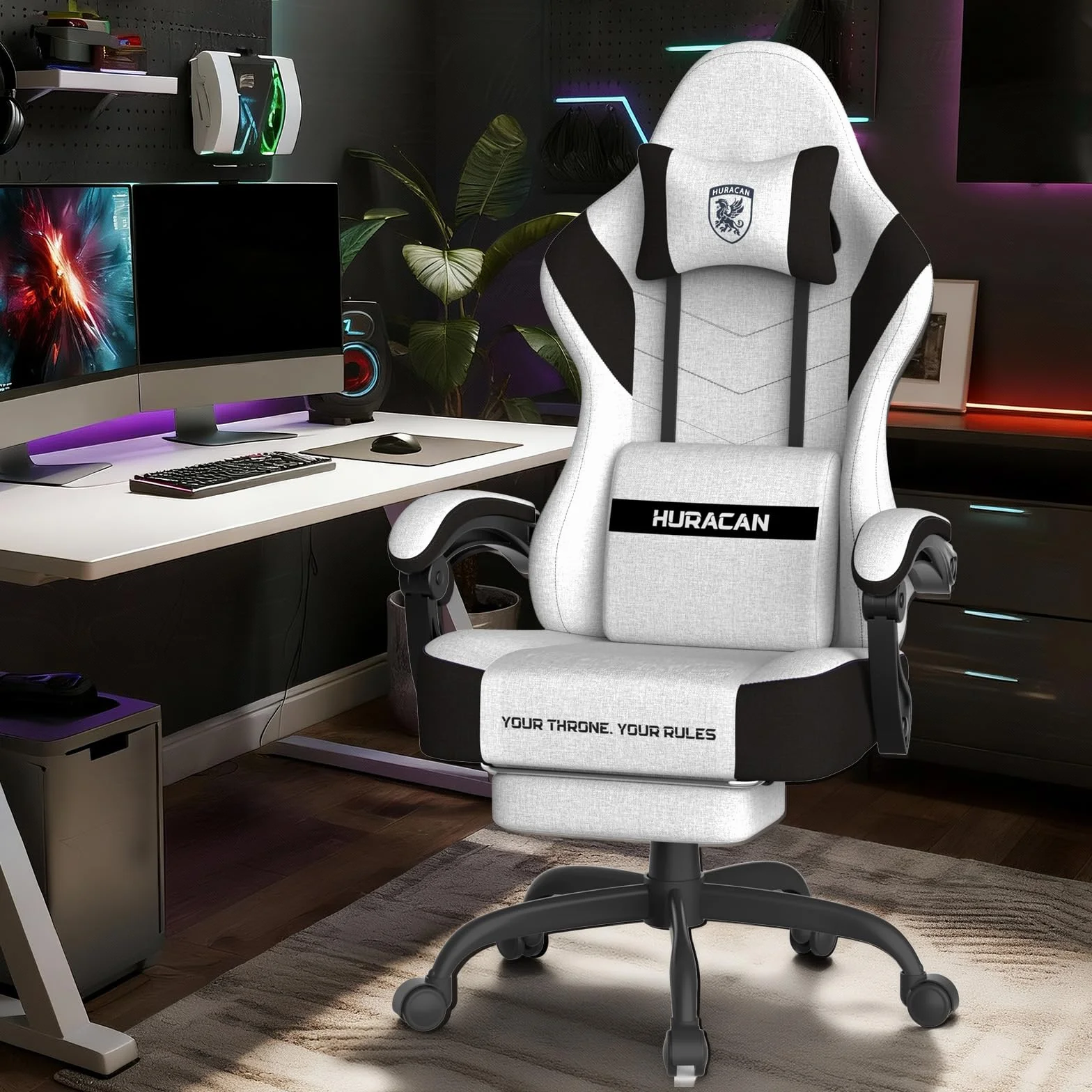Verdego Silla Gaming, Silla Gamer Ergonómica con Masajeador Cojín Lumbar, Reposapiés Retractable y Reposacabezas, Tela de Poliéster, Reclinable 90-135°, Altura Regulable, Sillas Gaming, Blanco