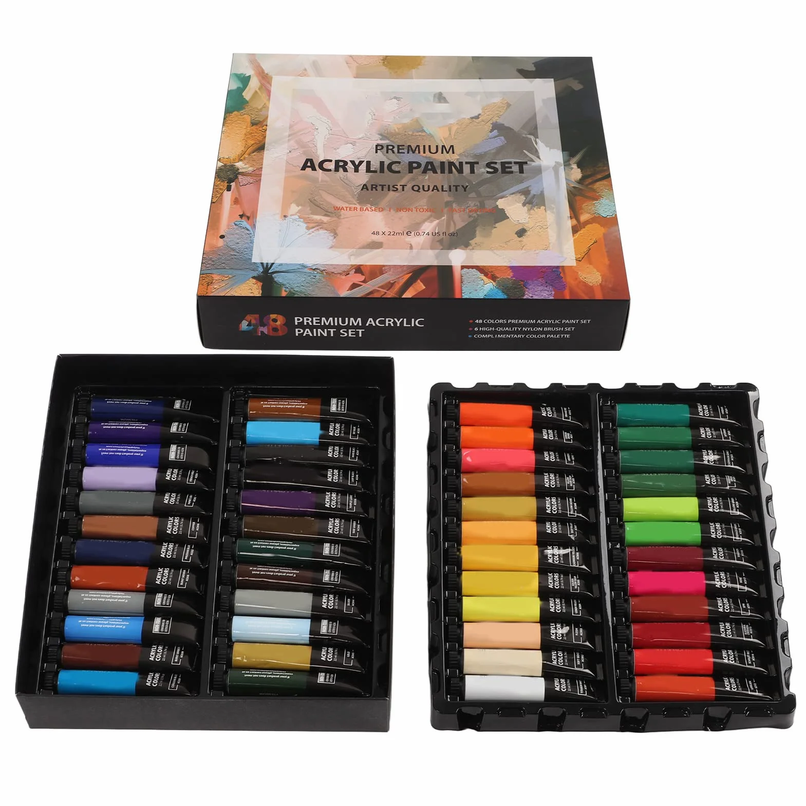 Gucagle Kit de pintura acrílica Juego de pintura de bricolaje artesanal profesional con 48 colores 6 pinceles 1 paleta para artistas principiantes adultos adolescentes proyectos de arte