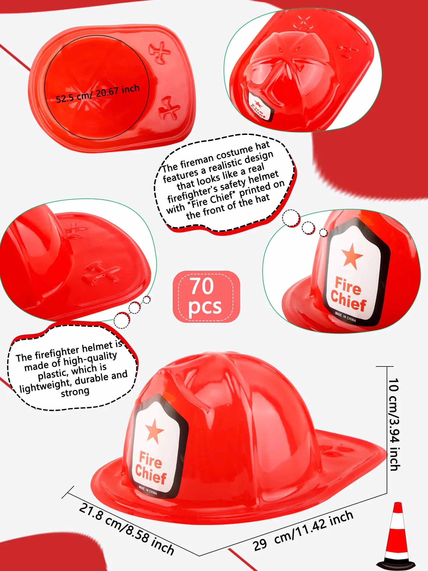 Paquete de 70 sombreros de bombero de plástico rojo a granel para cumpleaños, Halloween, cosplay, fiesta, accesorio de vestir