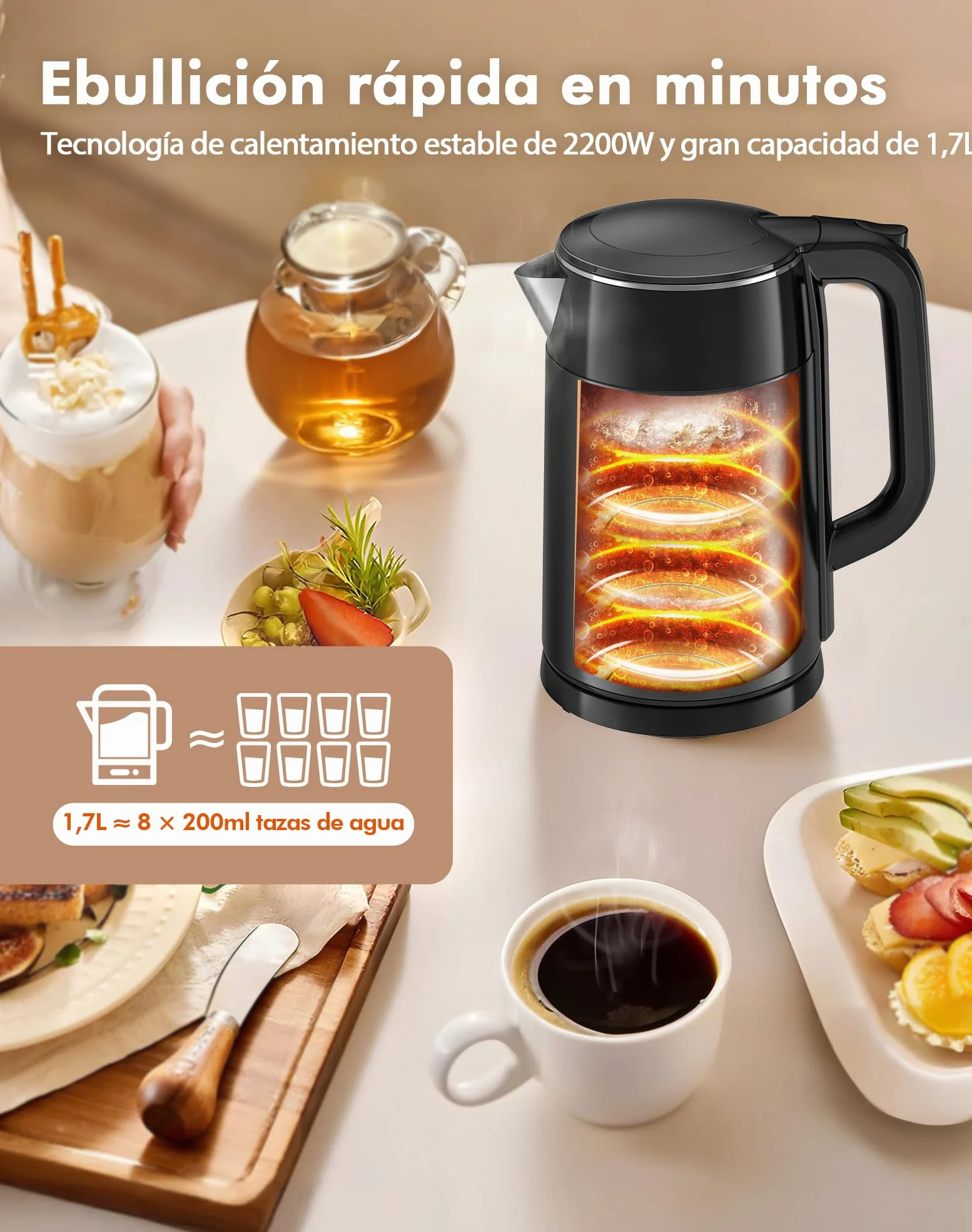 Hervidor de Agua Eléctrico 1,7L 2200W con Control de Temperatura y Pantalla LED - Acero Inoxidable 304 Libre de BPA, Doble Pared Tacto Frío, Función Mantener Calor 2H, Apagado Automático (negro)