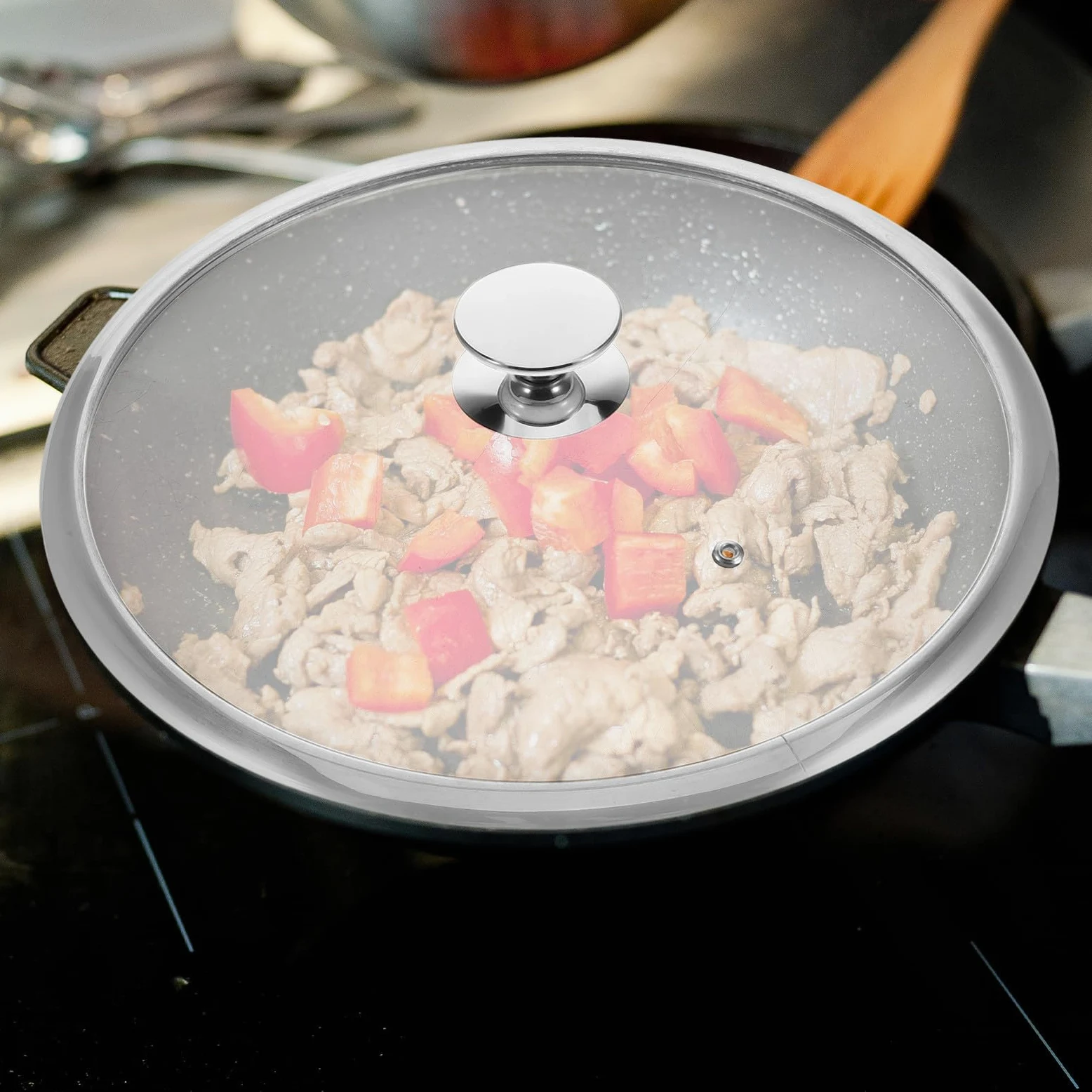 iplusmile Tapa de Sartén y Olla de Acero Inoxidable de 34cm Borde Reforzado, Diseño Elegante y Fácil de Limpiar para Cocina Segura y Moderna