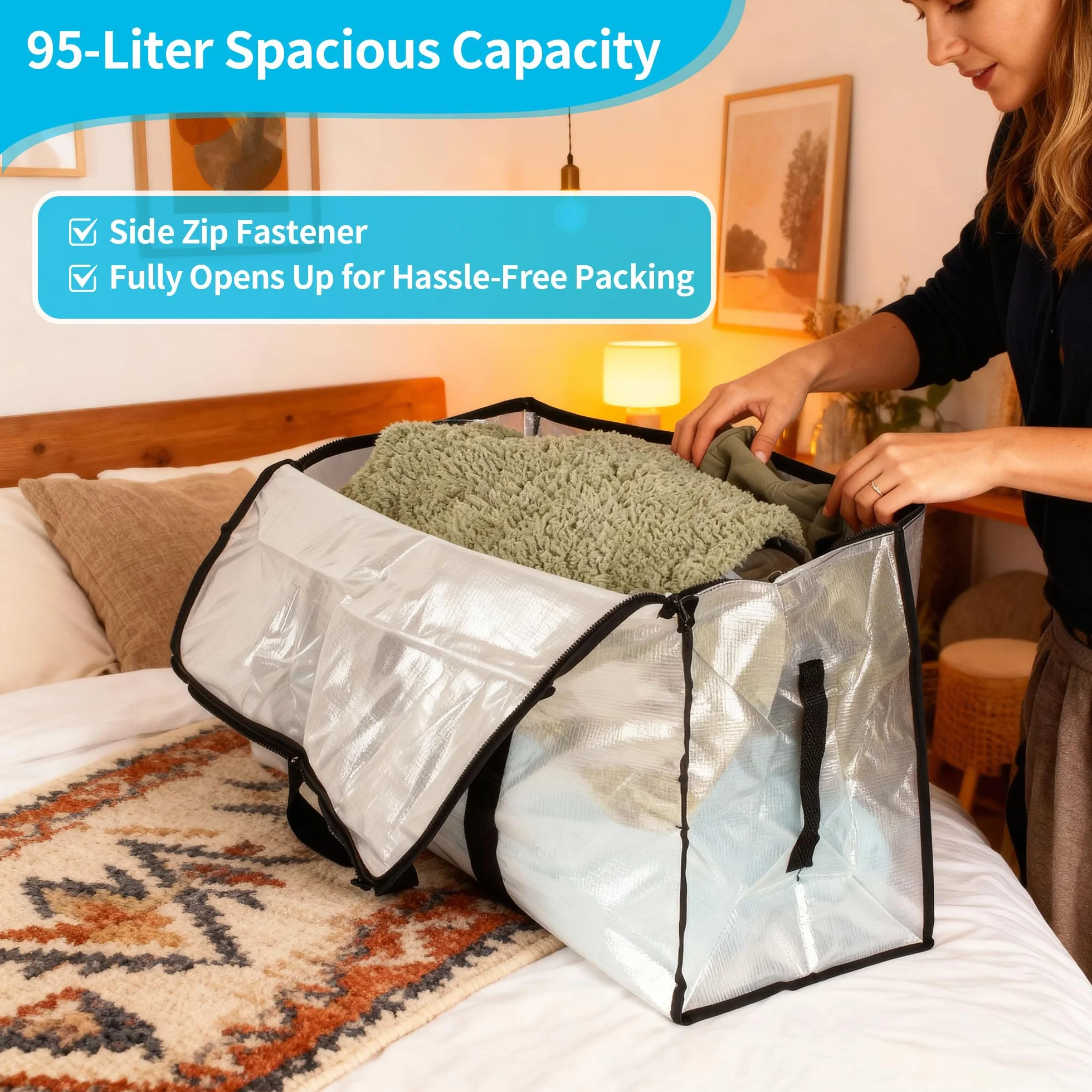 Paquete de 6 bolsas de almacenamiento grandes de 95 litros con tapa, cajas de mudanza transparentes, plegables y resistentes con cremallera y asa,para mudanzas,camping y almacenamiento de ropa de cama