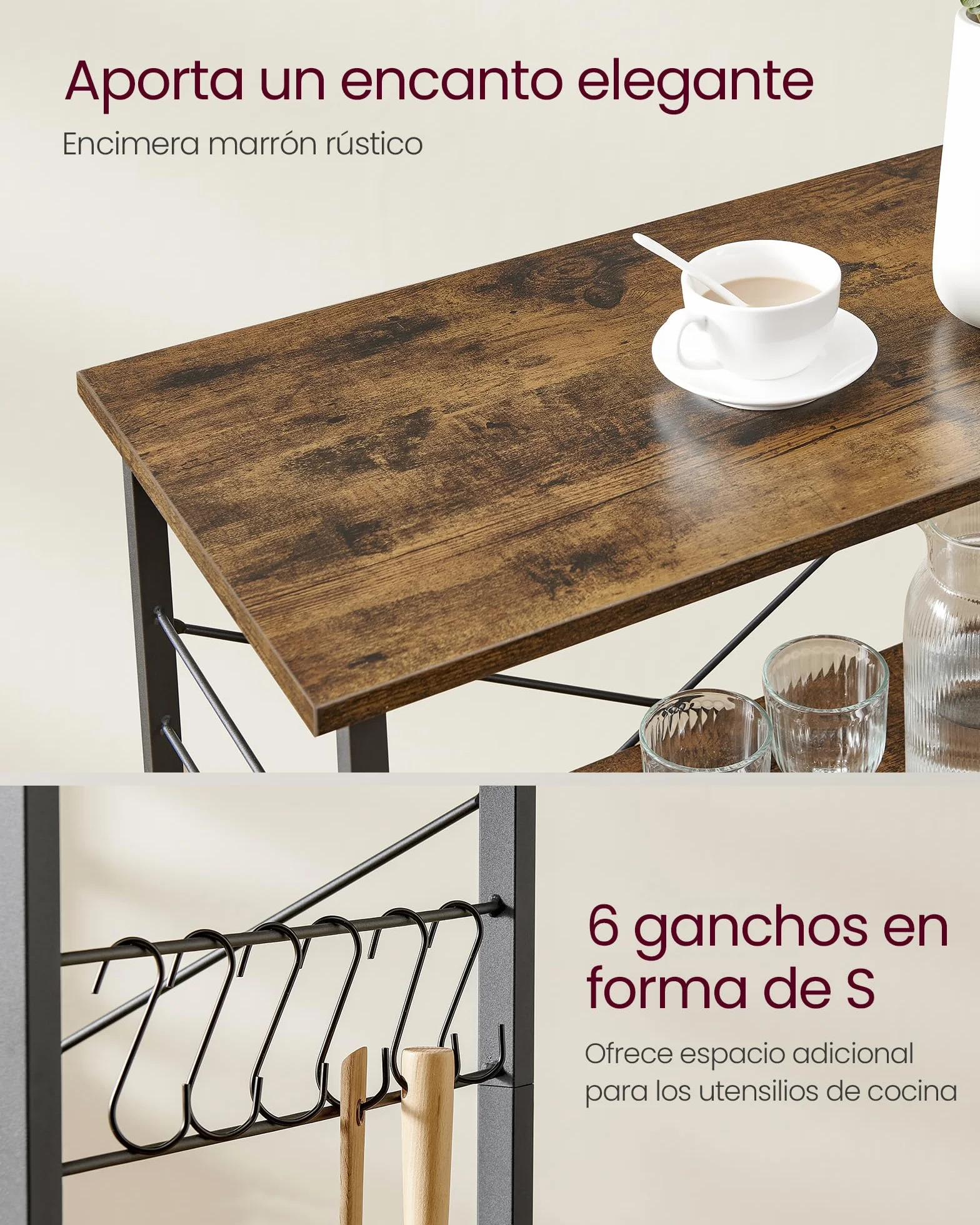 VASAGLE Estantería de Cocina con Ruedas, Carrito de Servicio de 3 Niveles, Estantería para Microondas, Marco de Metal con 6 Ganchos, 40 x 60 x 89 cm, Marrón Rústico y Negro Tinta KKS60XV1
