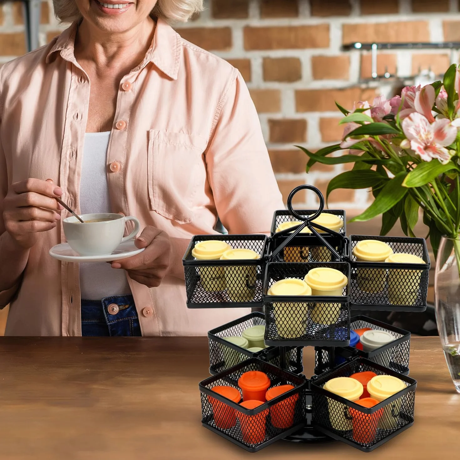 QWORK® Soporte metálico para bolsitas, caja de té giratoria para hasta 96 bolsitas de té