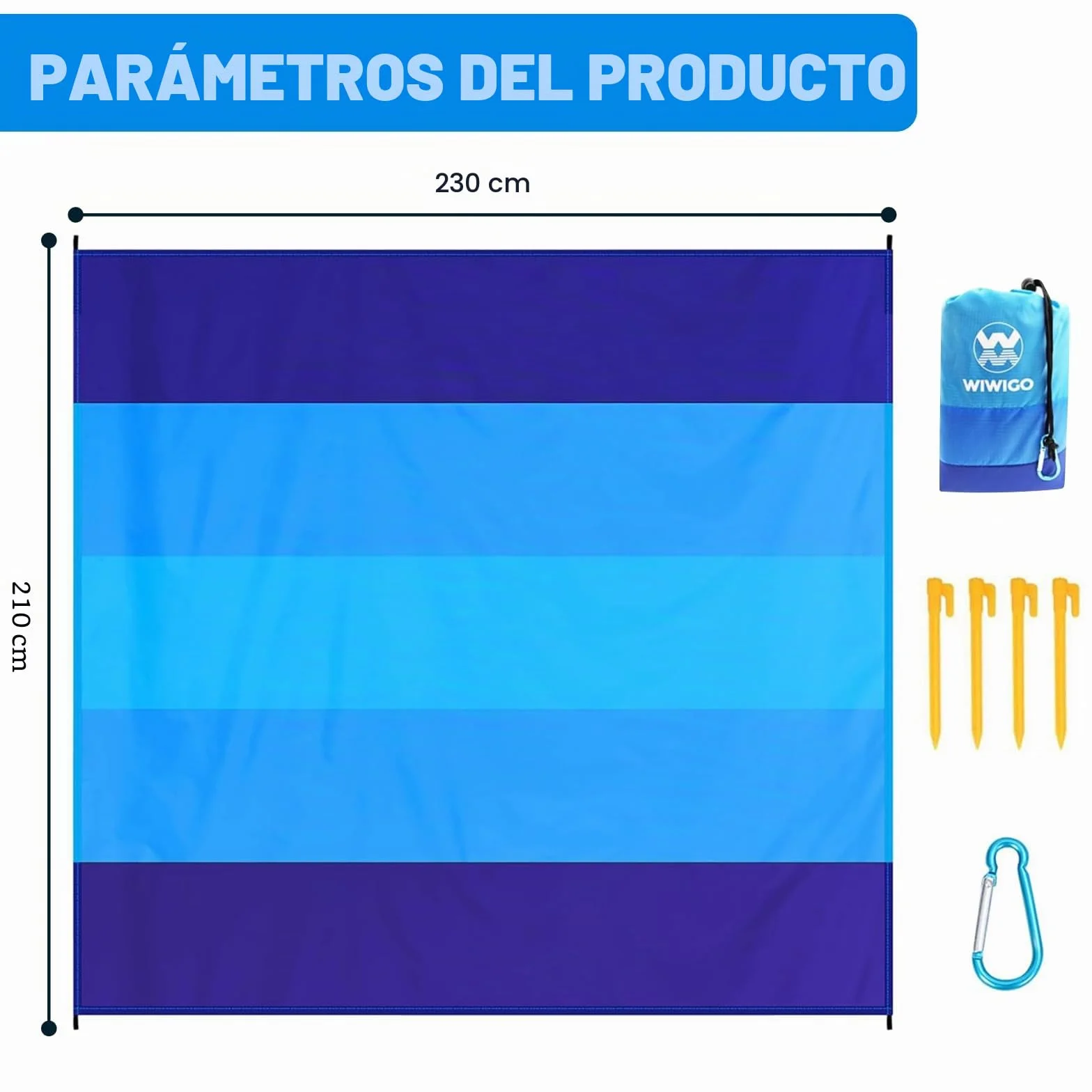 Manta de Playa Grande 210x230cm, Esterilla a Prueba de Arena, Alfombra de Picnic Ligera con Estacas