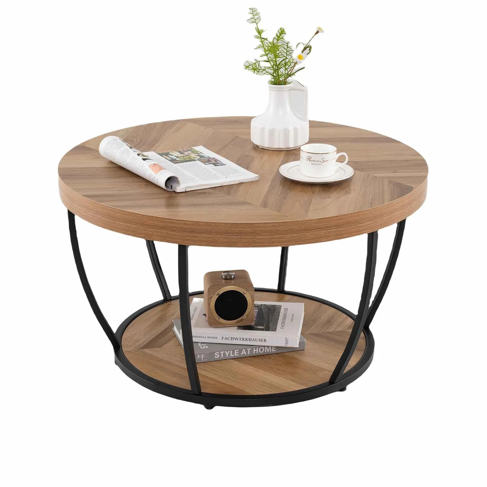 LIFEZEAL Mesa de Centro Redonda, Mesa de café de 2 Niveles con Estructura de Metal, Mueble de sofá para salón, 80 x 80 cm, Estilo Industrial (Natural)