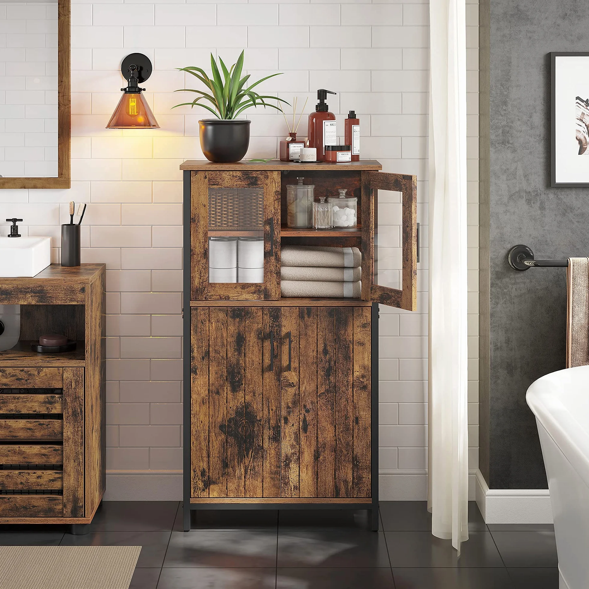 VASAGLE Armario Almacenaje, Armario Aparador, Estante Ajustable, Armario de Baño, Estructura de Acero, para Salón Cocina, Estilo Industrial, Marrón Rústico y Negro LSC260B01