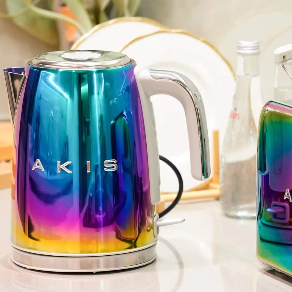 AKIS La Fête Design Tostadora y hervidor de agua de acero inoxidable en arco iris multicolor moderno