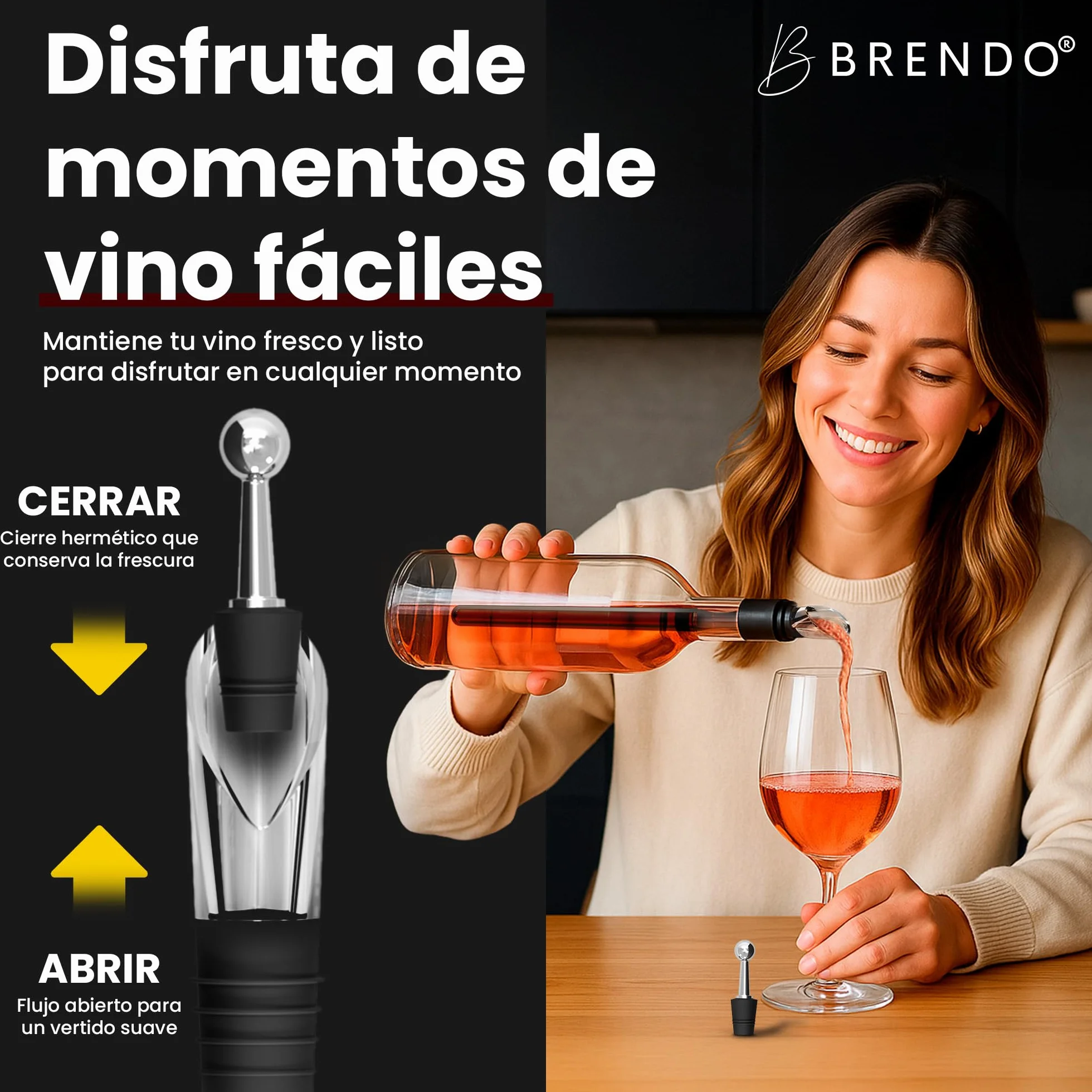 Brendo Enfriador de Botellas de Vino 4 en 1 – Varillas Enfriadoras de Acero Inoxidable en 2 Longitudes + Vertedor + Decantador + Tapón | Set de Regalo para Hombres y Mujeres | Accesorios para Vino