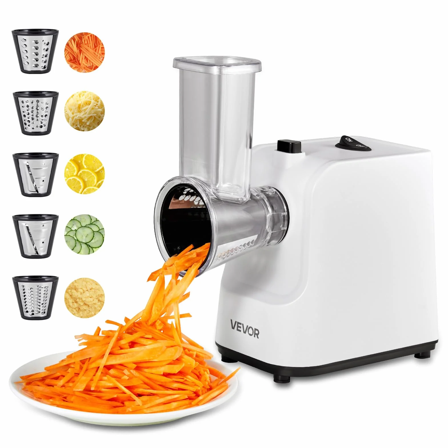 VEVOR Rallador de Queso Eléctrico 5 en 1, ABS, Cortador de Ensaladas de 200 W, con 5 Accesorios, Cuchillas de Acero Inoxidable para Verduras y Queso, Corte Rápido, 240 x 125 x 270 mm, Blanco