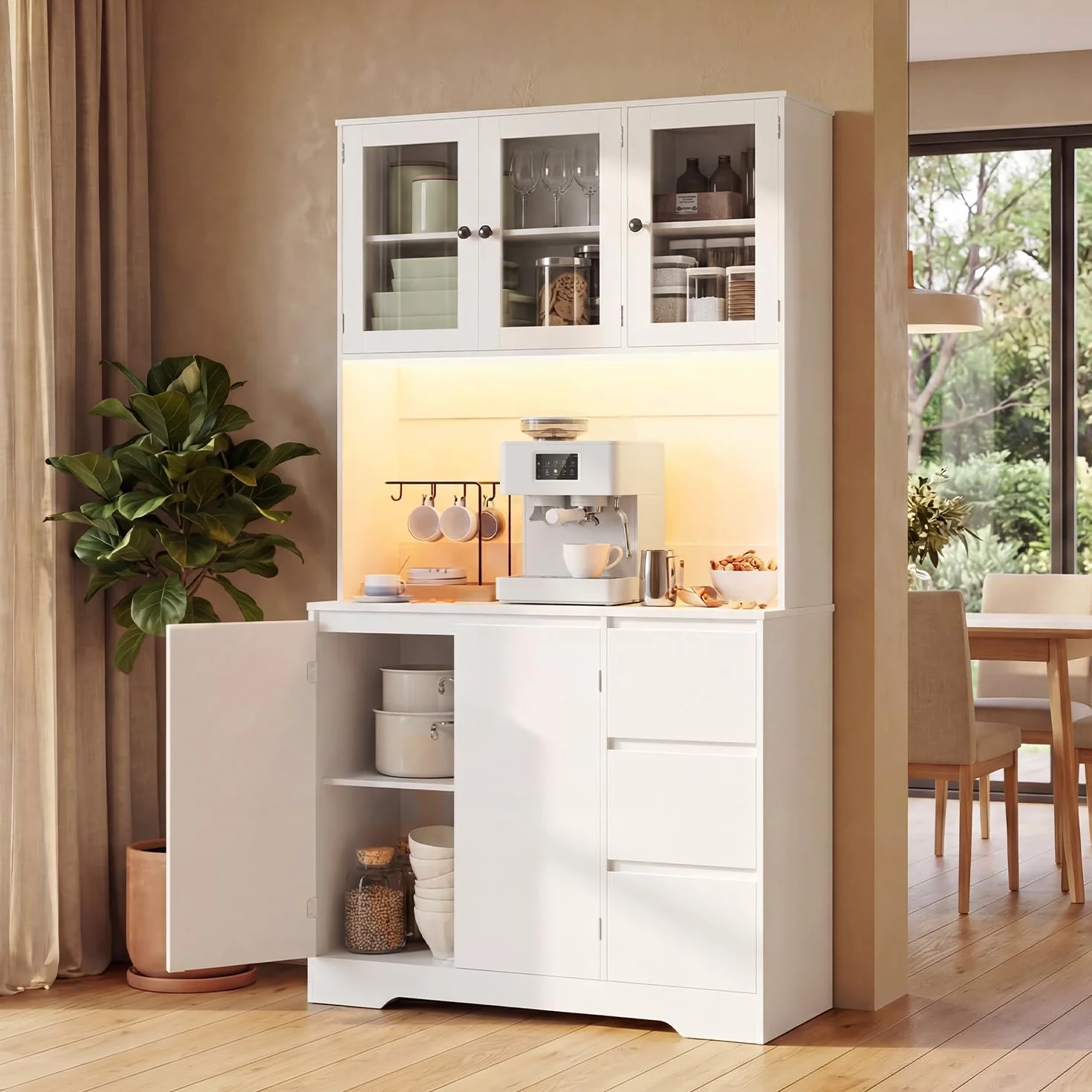 Xbro Alacena de Cocina con LED y Placa Perforada, Armario Cocina con 5 Puertas y 3 Cajones,Armario Cocina Almacenaje para Cocina, Comedor, Salón, 100 x 40 x 180 cm, Blanco