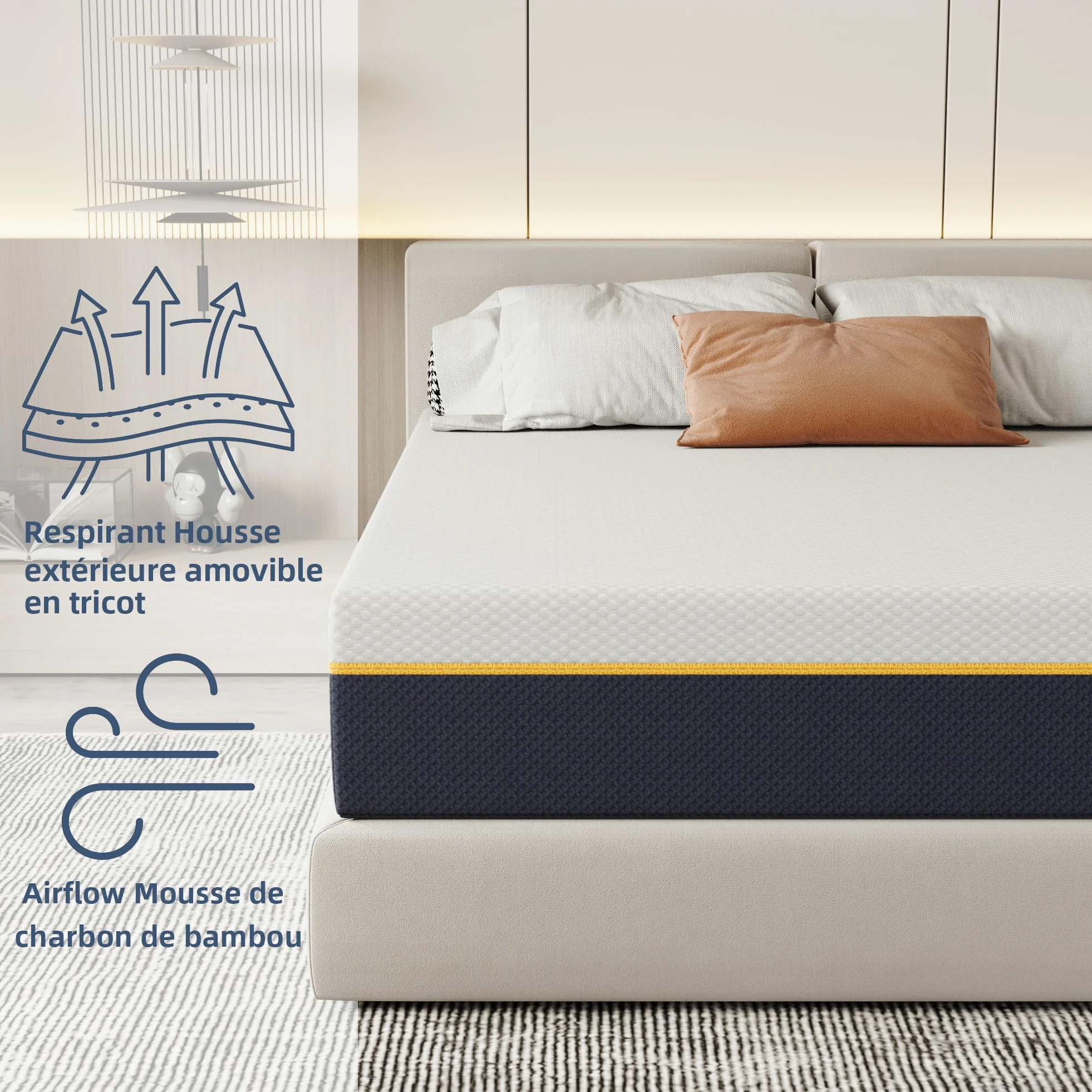 DEWINNER Colchón 140x200x21 cm | Espuma Memoria y Bambú Carbón | Soporte Alta Resiliencia | Transpirable Hipoalergénico | Funda Extraíble Lavable | Confort Medio