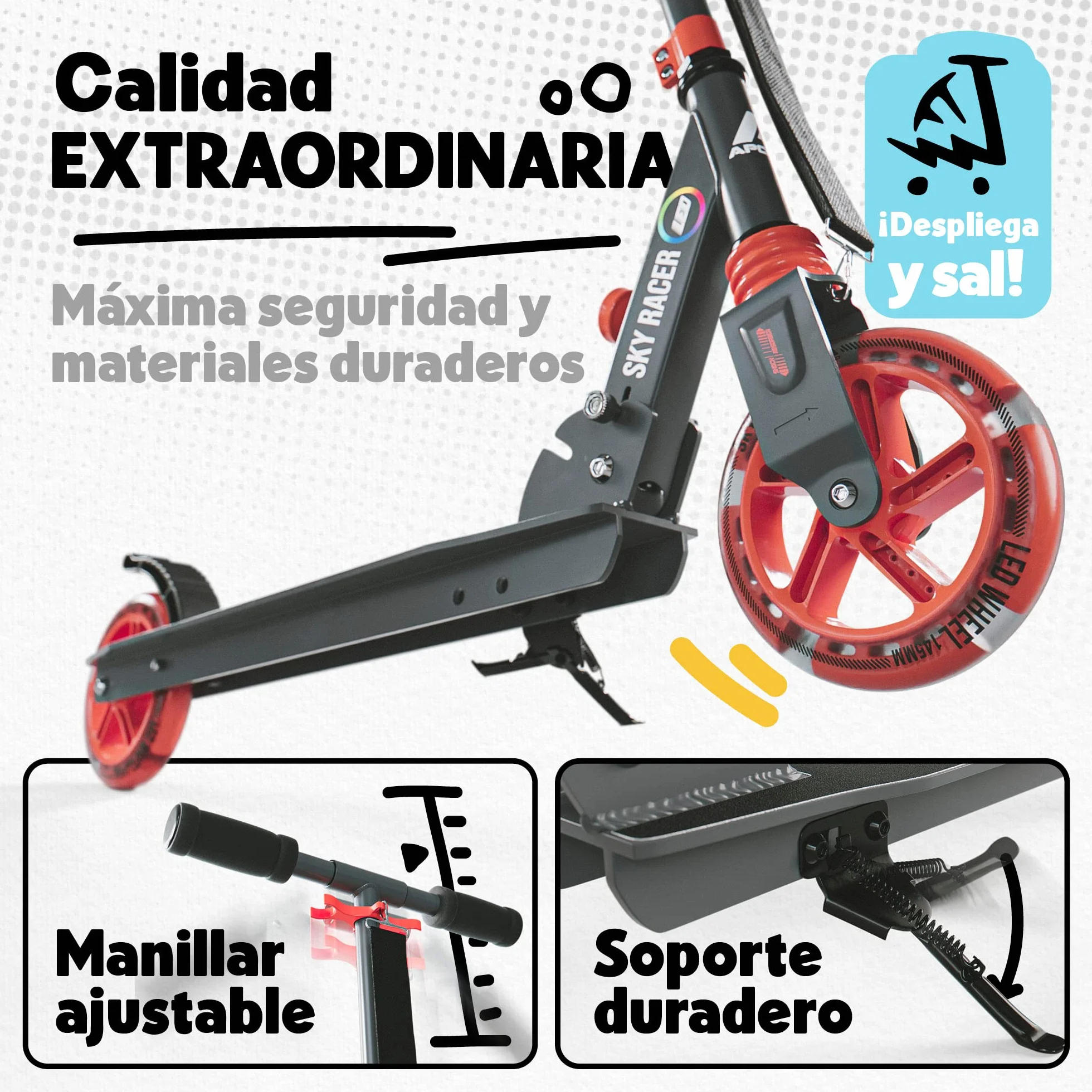 Apollo Skyracer Patinete Niño Ruedas LED 145 mm Suspensión Plegable Regulable Altura
