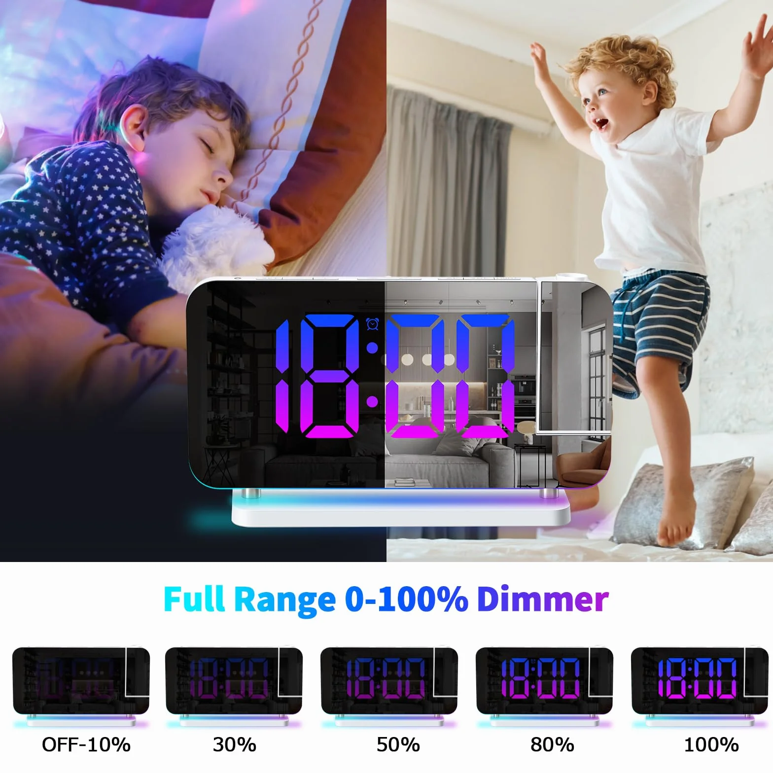 ThreeH Reloj Despertador Proyección LED RGB Colorido Reloj con Superficie de Espejo Auto Dimming Voleme Ajustable Doble USB Puertos de Carga Luz Nocturna Blanco