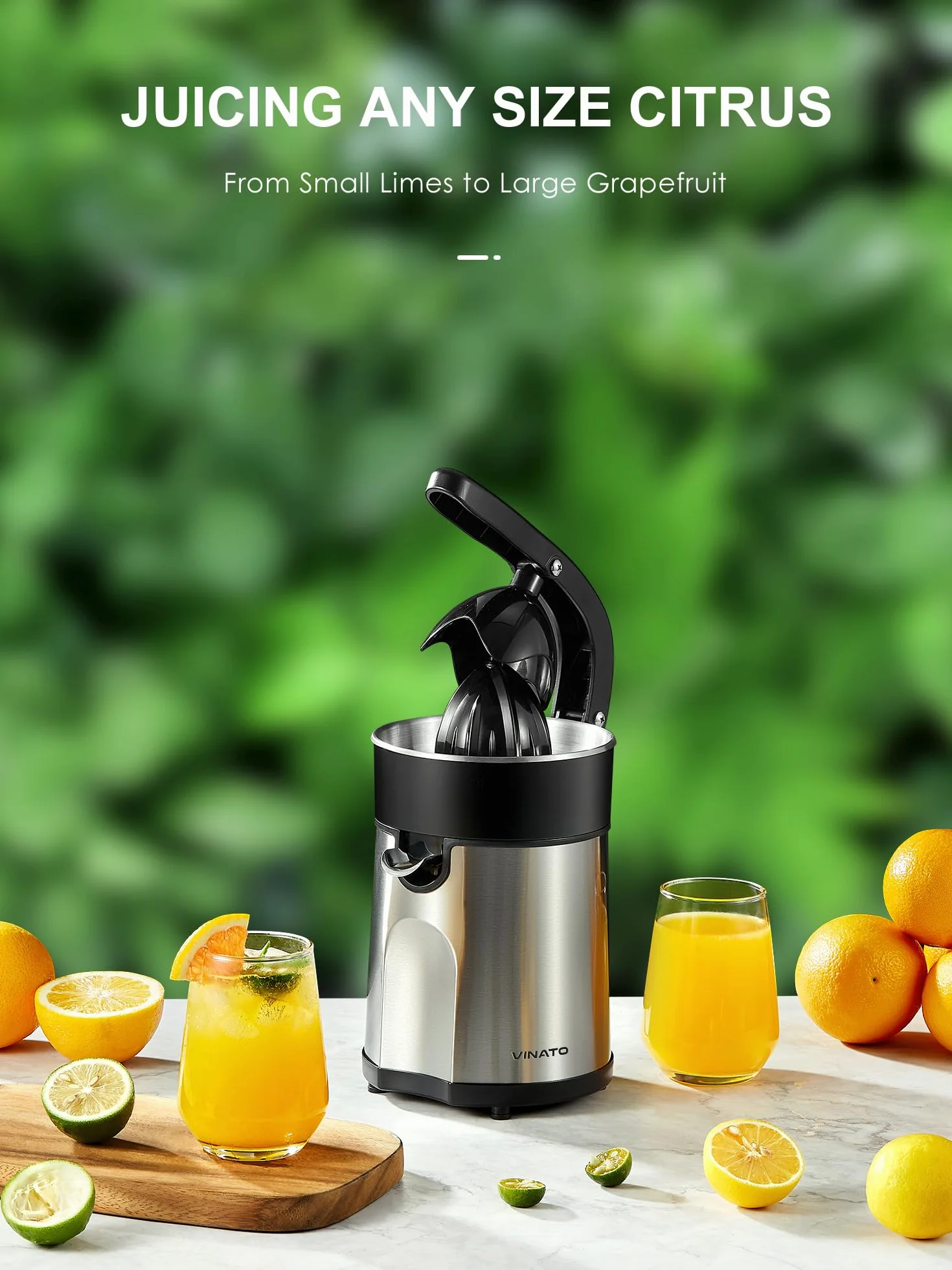 Vinato Exprimidor Eléctrico de Naranjas, 2 Conos para Todos los Cítricos, Cuerpo y Filtro de Acero Inoxidable Exprimidor Eléctrico Exprimidor Eléctrico, 85W