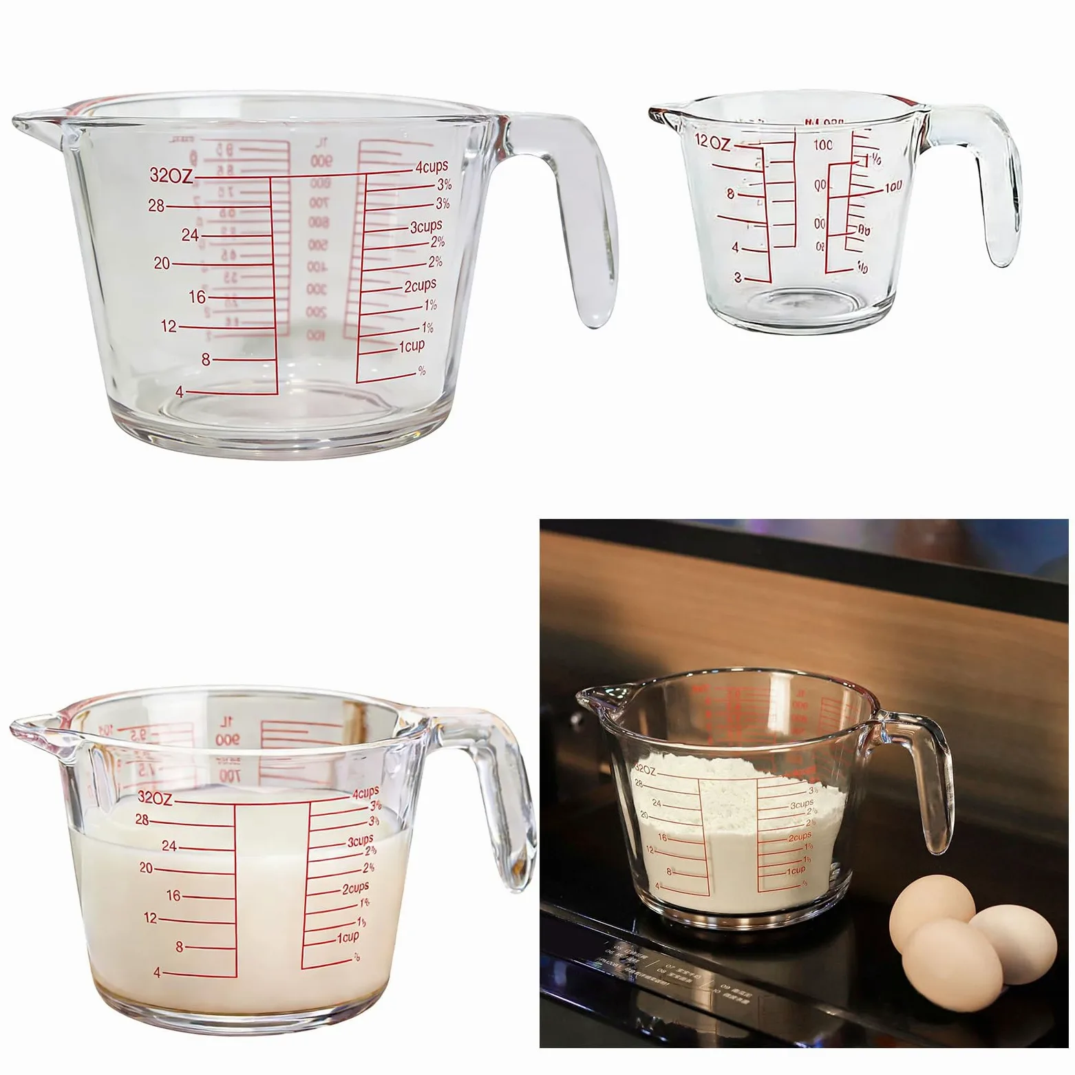 de 3 tazas medidoras de vidrio, agarre antideslizante | Escala precisa y construcción a prueba de calor para uso a altas temperaturas y marcado claro para hornear cocinar