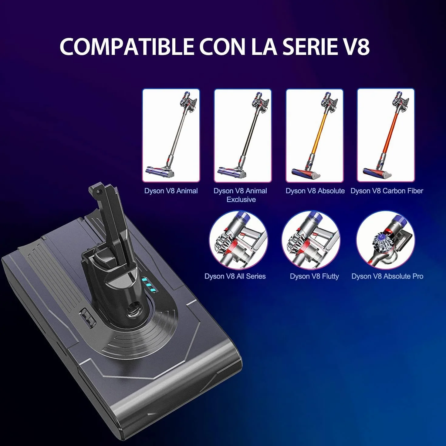 Batería de Repuesto Dyson v8, Compatible con la Serie Dyson V8 SV10, Batería de Repuesto para el Aspirador V8 Absolute V8 Absolute V8 Animal V8 Fluffy V8 Motorhead + 2 Filtros