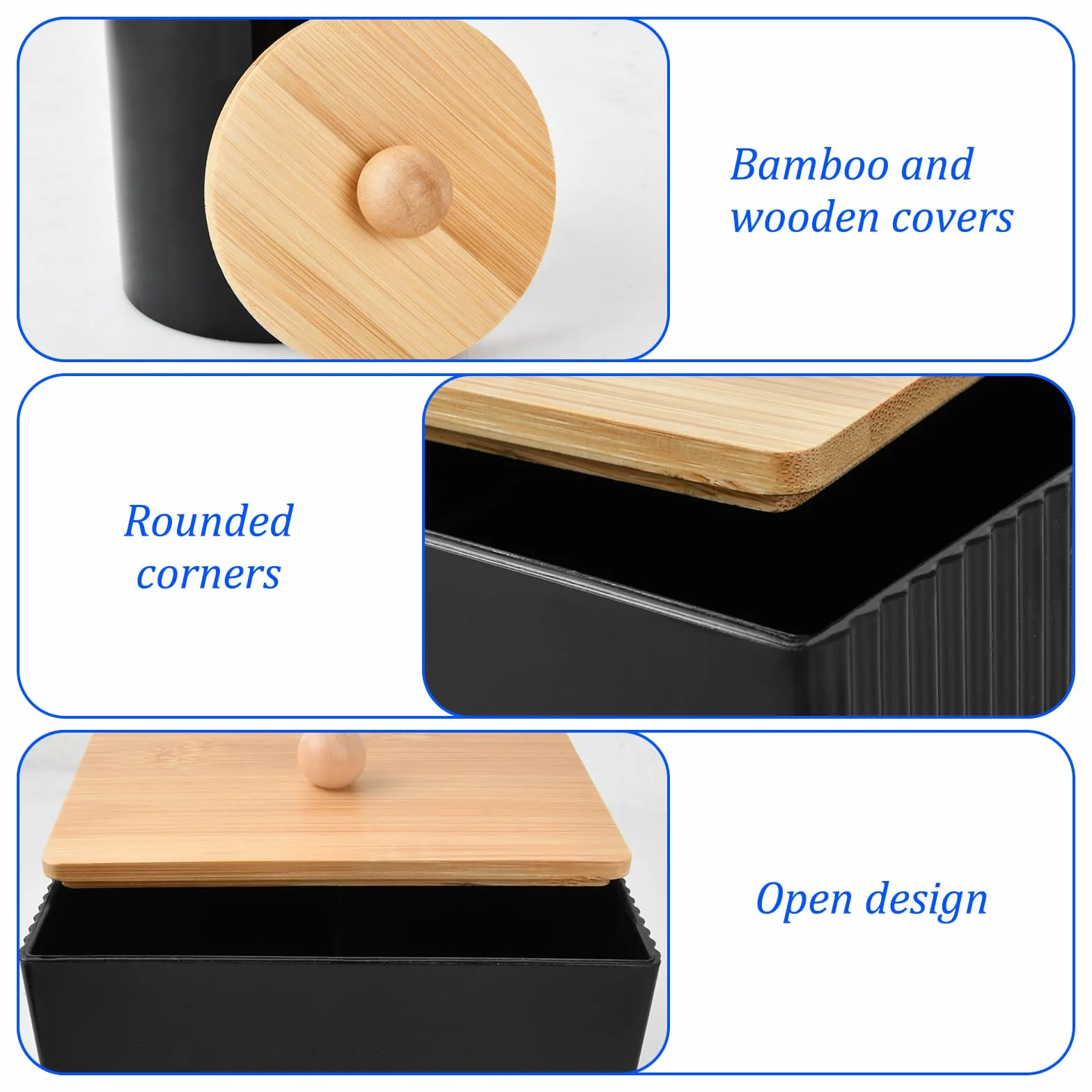 2 Piezas Organizador de Baño con Tapa, Dispensador de Bastoncillos, Organizador de Maquillaje Dispensadores de Discos Desmaquillantes per Bagno, Toletta, Soggiorno (Negro)