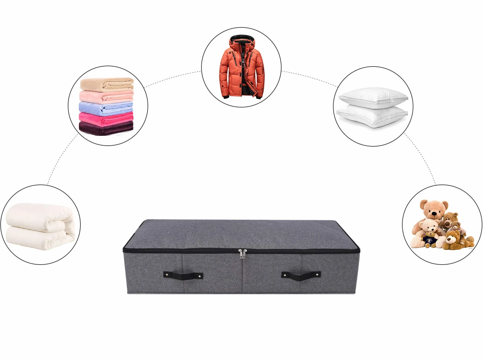 Juego de 2 cajas de almacenamiento plegables debajo de la cama con forro de soporte de plástico, 6 asas, tapa con cierre de cremallera, para cobijas, ropa, edredones, cestas de almacenamiento para la