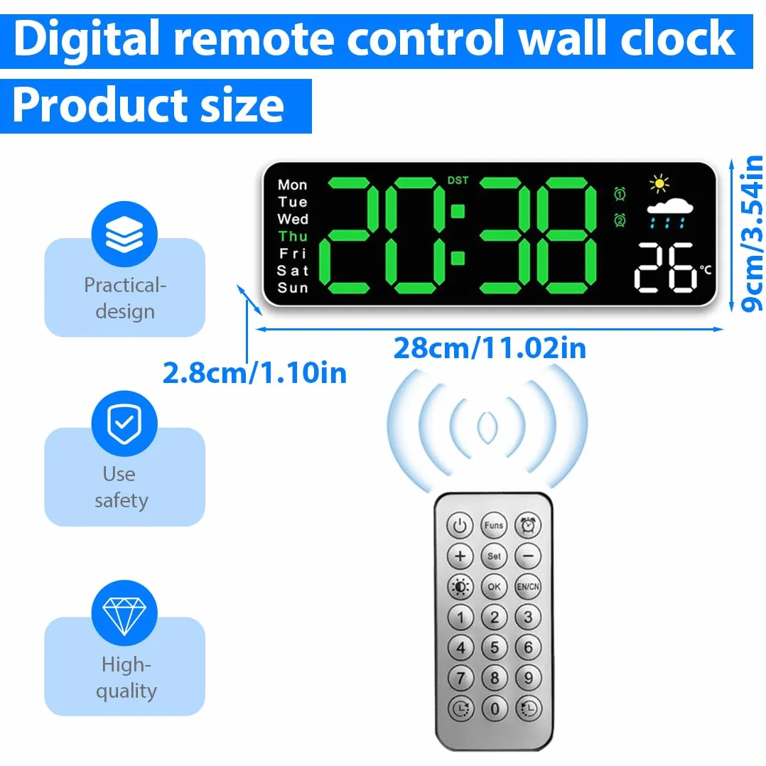 Reloj Digital de Pared,Reloj Digital Grande de 12» con Mando a Distancia,Reloj de Pared Multifuncional Puede probar el pronóstico del Tiempo para la Humedad,para la Sala