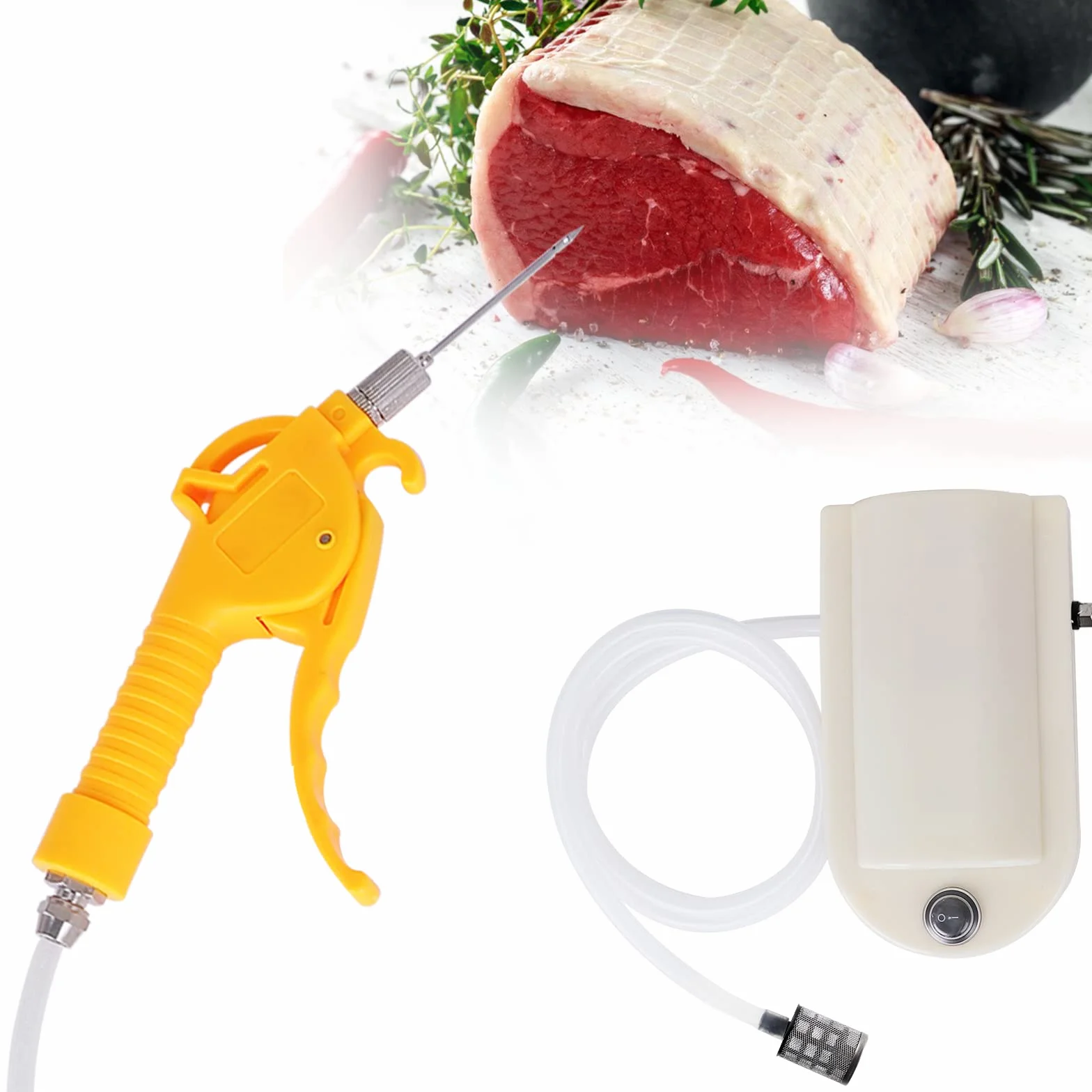 MXBAOHENG Pistola Inyectora de Carne Eléctrica con Manguera 50W Inyector Automático de Marinados Pistola Individual con 10 Agujas de Acero Inoxidable para Asar Pavo, Cerdo, Carne de Res