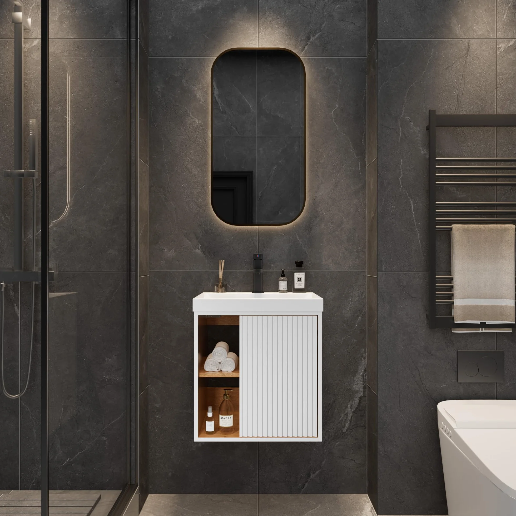 UEV Mueble de Baño con Lavabo de Resina y Grifo en el Centro, Mueble de Baño Suspendido con Diseño único y Práctico, Motivo de Rayas Verticales, 49 x 37 x 50 cm, Blanco