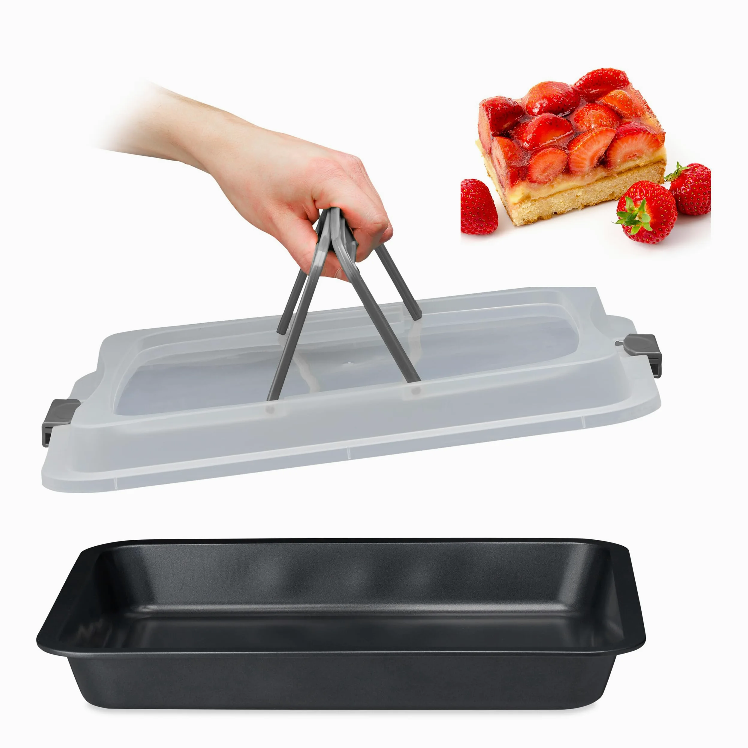 Relaxdays Bandeja de Horno con Tapa, Portatartas 3 en 1, 40,5x32,5cm, Molde Hornear, Cubierta Transporte, Gris