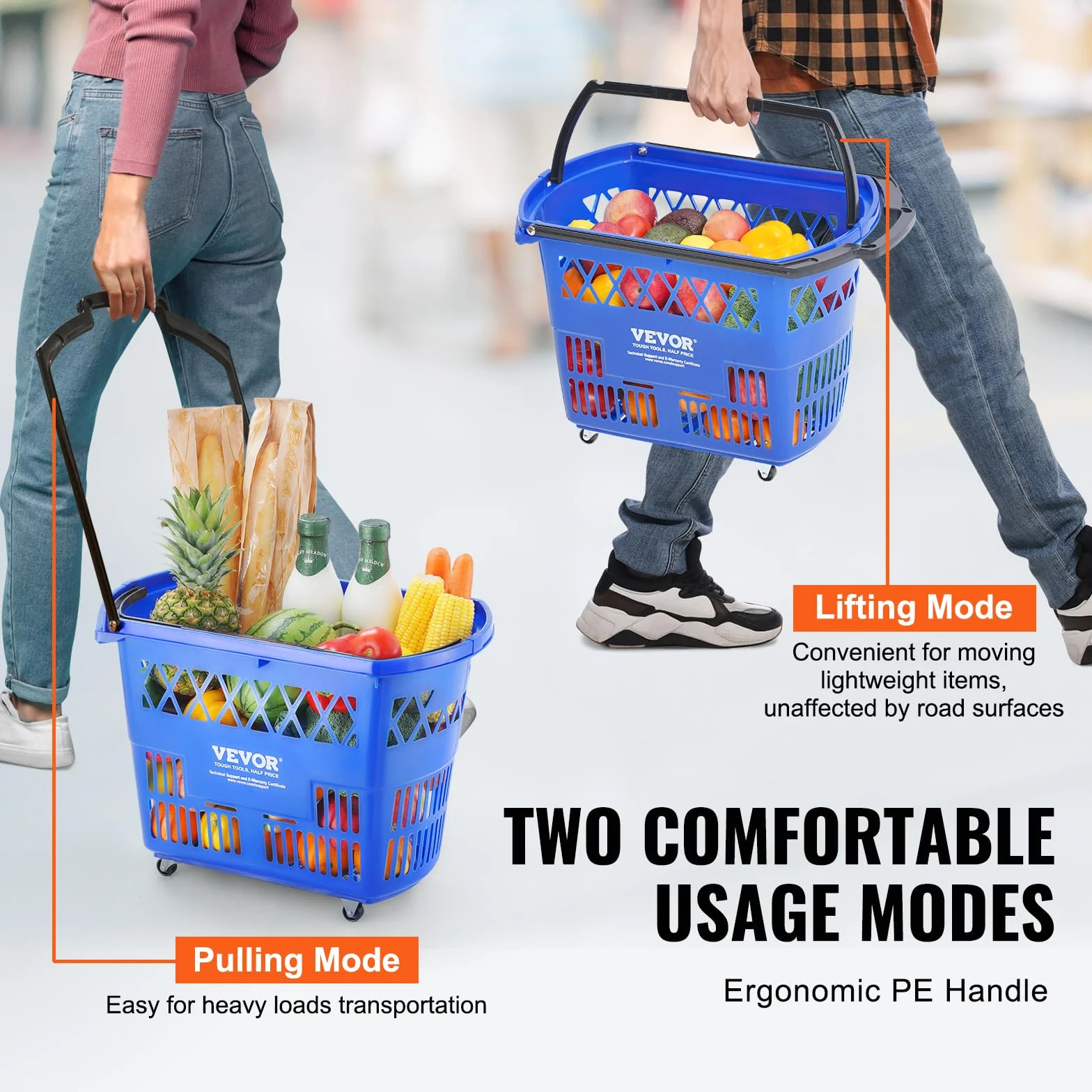 VEVOR Cesta Azul de la Compra, 6 Piezas, 39 L, Carros de la Compra con Asas y Ruedas de Plástico de 540 x 530 x 365 mm, Cesta de la Compra Portátil Grande para Supermercado, Tiendas Minoristas
